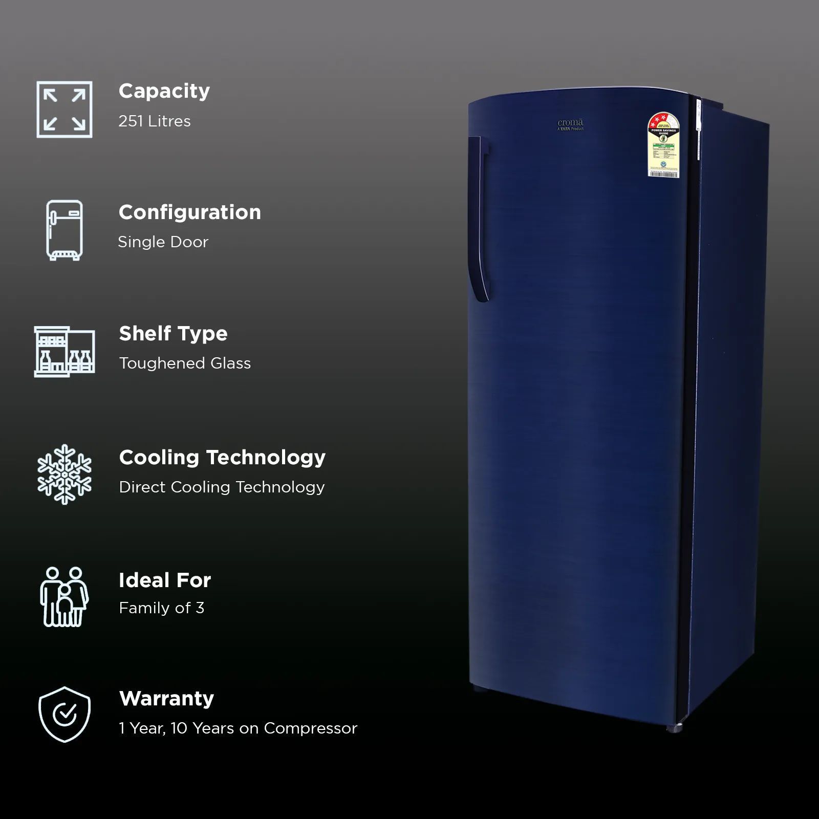 Croma 251 Litres 3 Star Direct Cool Single Door Refrigerator with Anti Fungal Gasket (CRLR251DIE302704, Blue)_2