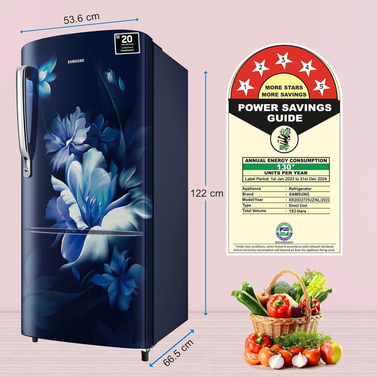 SAMSUNG Stylish Grande 183 Litres 5 Star Direct Cool Single Door Refrigerator with Anti Bacterial Gasket (RR20D2725UZ/NL, Midnight Blossom Blue) SAMSUNG Stylish Grande 183 Litres 5 Star Direct Cool Single Door Refrigerator with Anti Bacterial Gasket (RR20D2725UZ/NL, Midnight Blossom Blue)_10