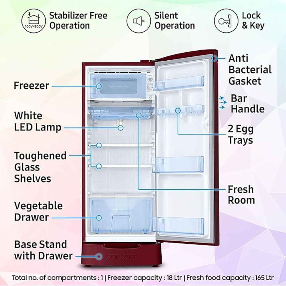 SAMSUNG Stylish Grande 183 Litres 5 Star Direct Cool Single Door Refrigerator with Anti Bacterial Gasket (RR20D2825RZ/NL, Burgundy Red) SAMSUNG Stylish Grande 183 Litres 5 Star Direct Cool Single Door Refrigerator with Anti Bacterial Gasket (RR20D2825RZ/NL, Burgundy Red)_10