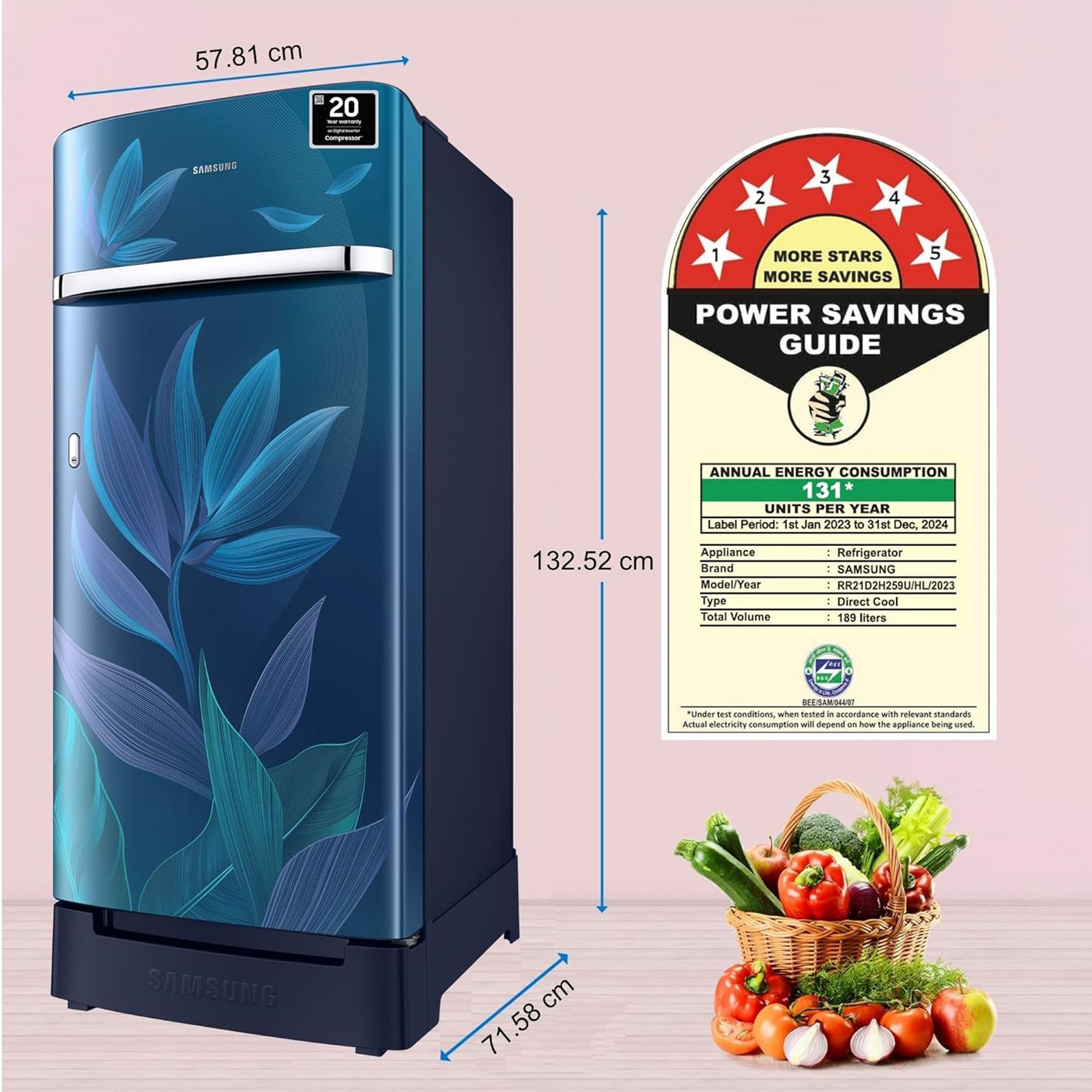 SAMSUNG Horizontal Curve 189 Litres 5 Star Direct Cool Single Door Refrigerator with Anti Bacterial Gasket (RR21D2H259U/HL, Paradise Bloom Blue) SAMSUNG Horizontal Curve 189 Litres 5 Star Direct Cool Single Door Refrigerator with Anti Bacterial Gasket (RR21D2H259U/HL, Paradise Bloom Blue)_10