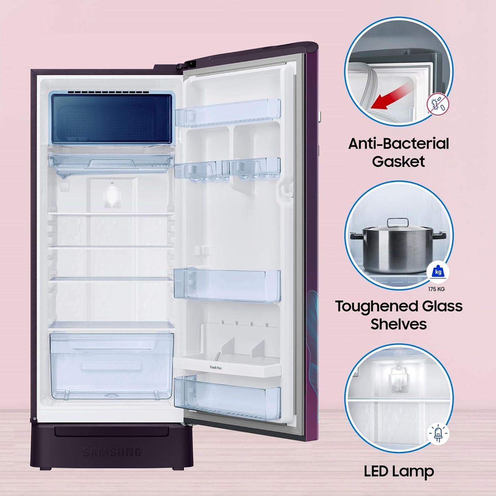 SAMSUNG Digi-Touch Cool 215 Litres 4 Star Direct Cool Single Door Refrigerator with Anti Bacterial Gasket (RR23D2F349R/HL, Paradise Bloom Purple) SAMSUNG Digi-Touch Cool 215 Litres 4 Star Direct Cool Single Door Refrigerator with Anti Bacterial Gasket (RR23D2F349R/HL, Paradise Bloom Purple)_9