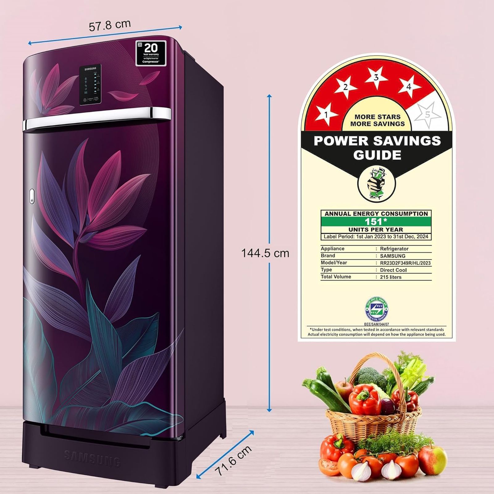 SAMSUNG Digi-Touch Cool 215 Litres 4 Star Direct Cool Single Door Refrigerator with Anti Bacterial Gasket (RR23D2F349R/HL, Paradise Bloom Purple) SAMSUNG Digi-Touch Cool 215 Litres 4 Star Direct Cool Single Door Refrigerator with Anti Bacterial Gasket (RR23D2F349R/HL, Paradise Bloom Purple)_10