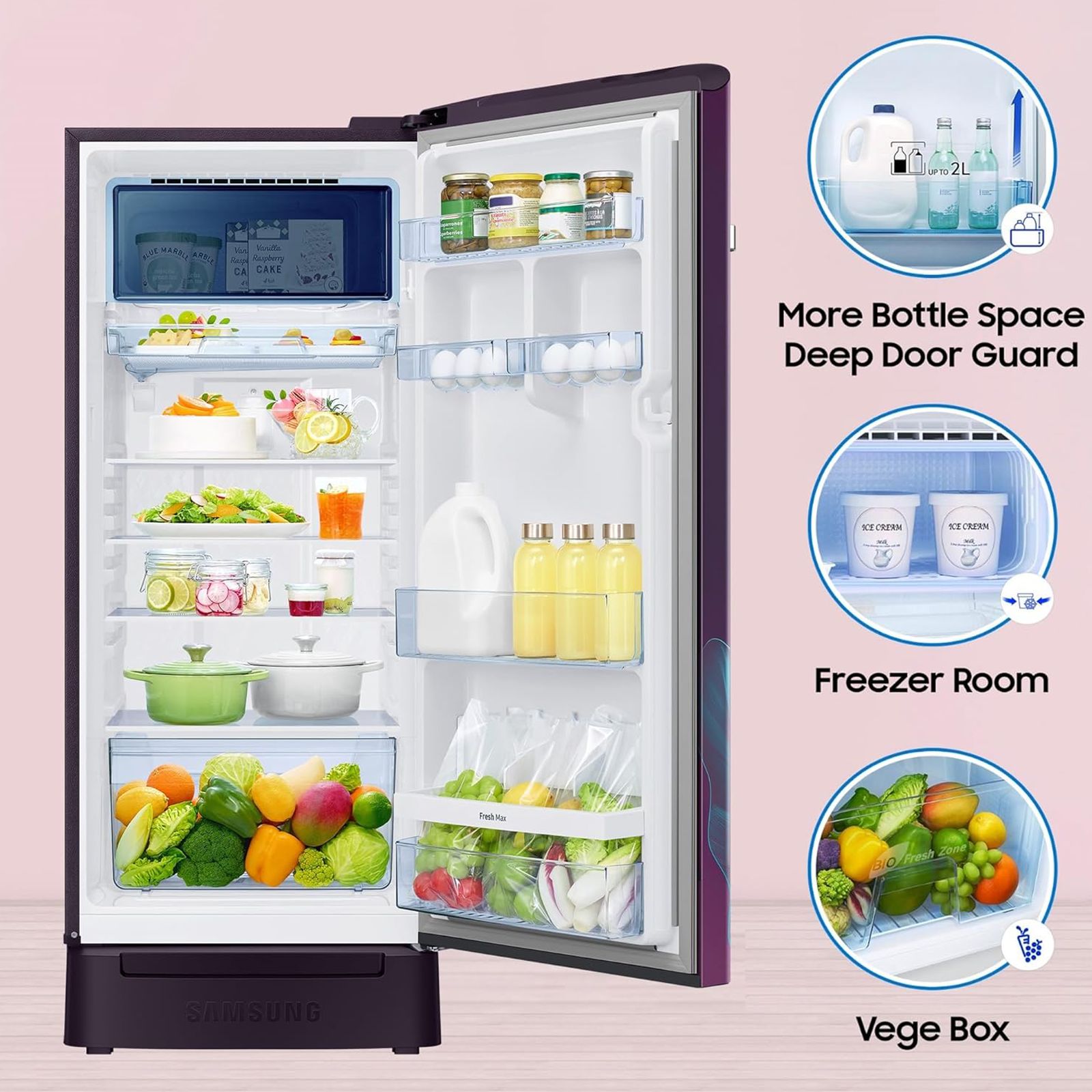 SAMSUNG Digi-Touch Cool 215 Litres 4 Star Direct Cool Single Door Refrigerator with Anti Bacterial Gasket (RR23D2F349R/HL, Paradise Bloom Purple) SAMSUNG Digi-Touch Cool 215 Litres 4 Star Direct Cool Single Door Refrigerator with Anti Bacterial Gasket (RR23D2F349R/HL, Paradise Bloom Purple)_11