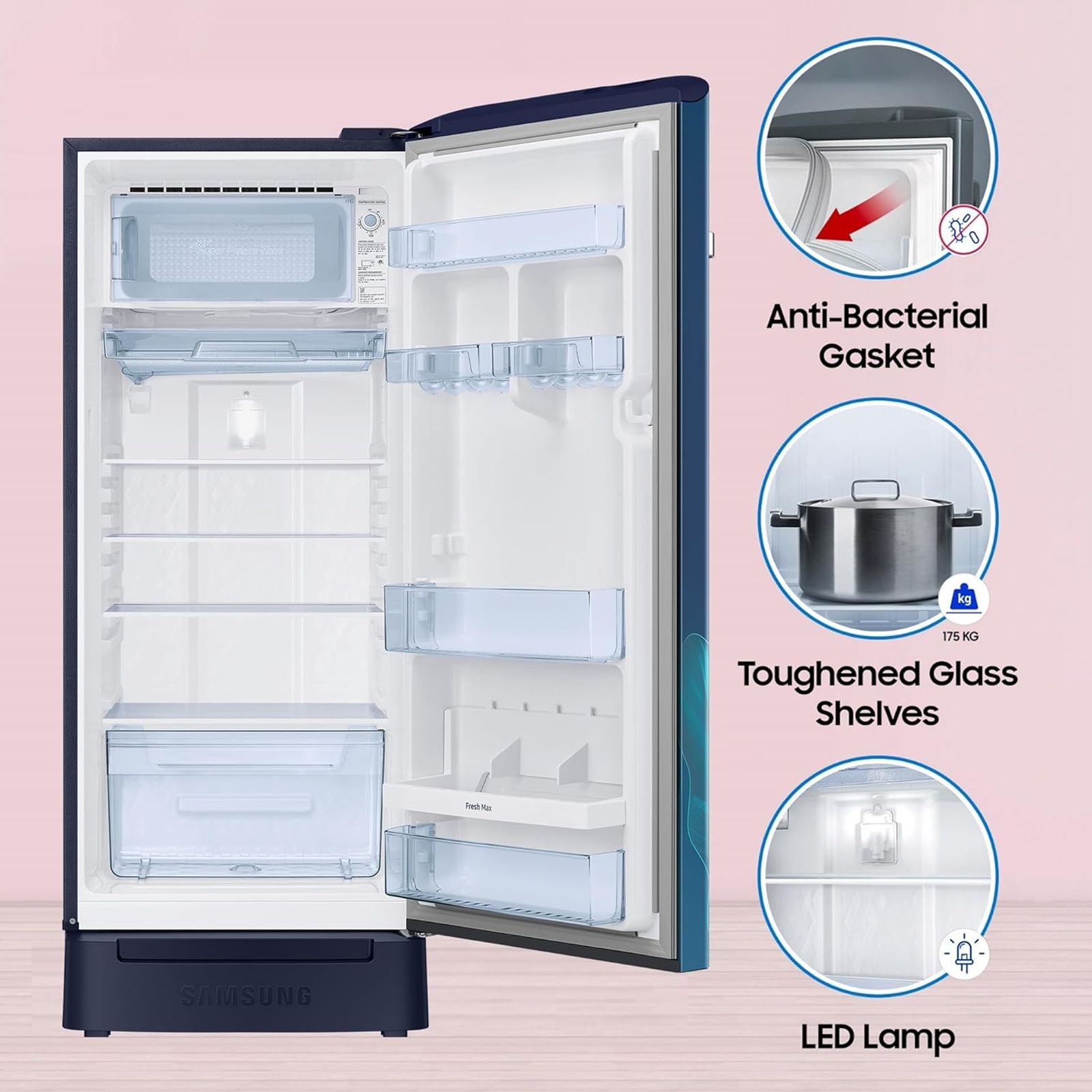SAMSUNG Horizontal Curve 215 Litres 5 Star Direct Cool Single Door Refrigerator with Anti Bacterial Gasket (RR23D2H359U/HL, Paradise Bloom Blue)_13