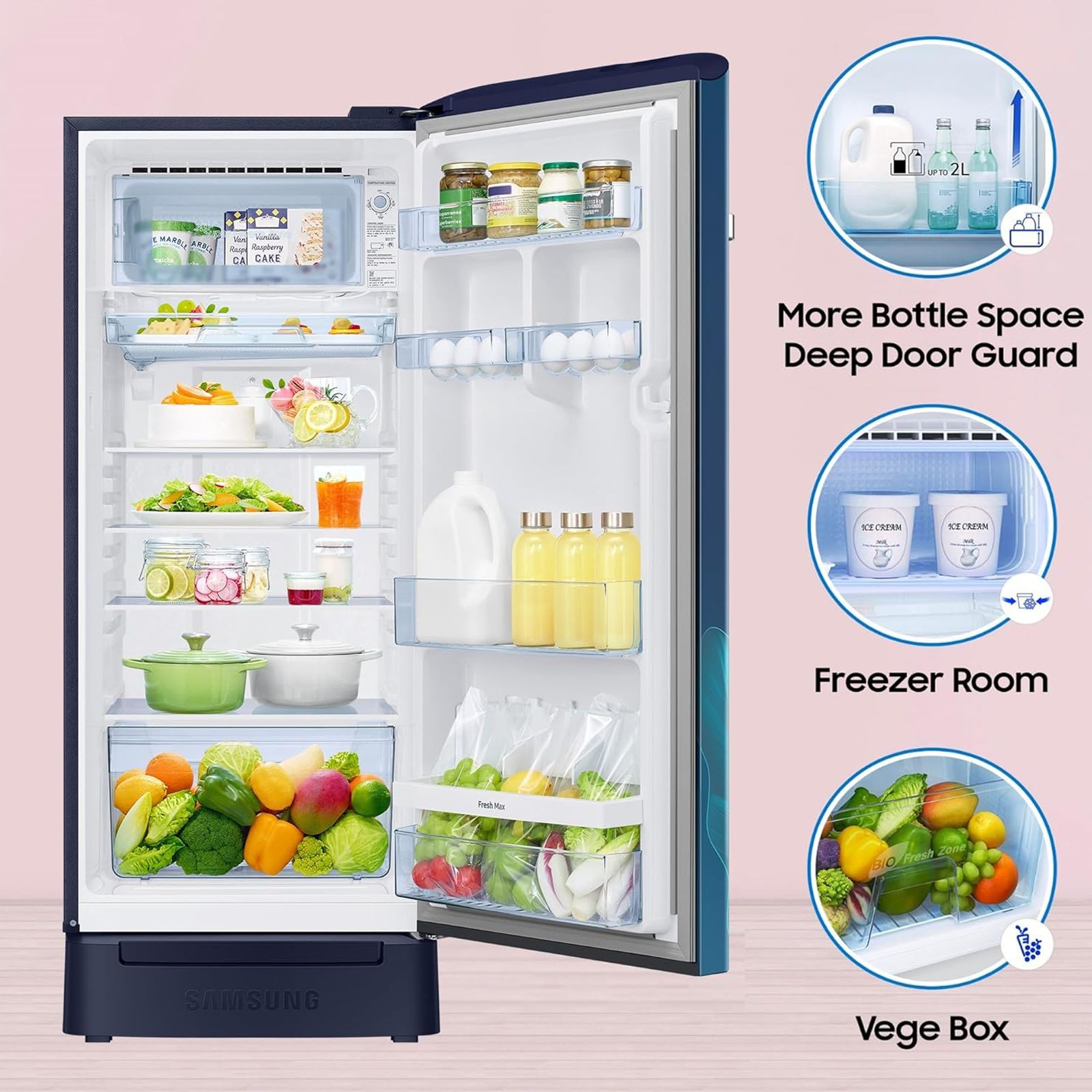 SAMSUNG Horizontal Curve 215 Litres 5 Star Direct Cool Single Door Refrigerator with Anti Bacterial Gasket (RR23D2H359U/HL, Paradise Bloom Blue)_14