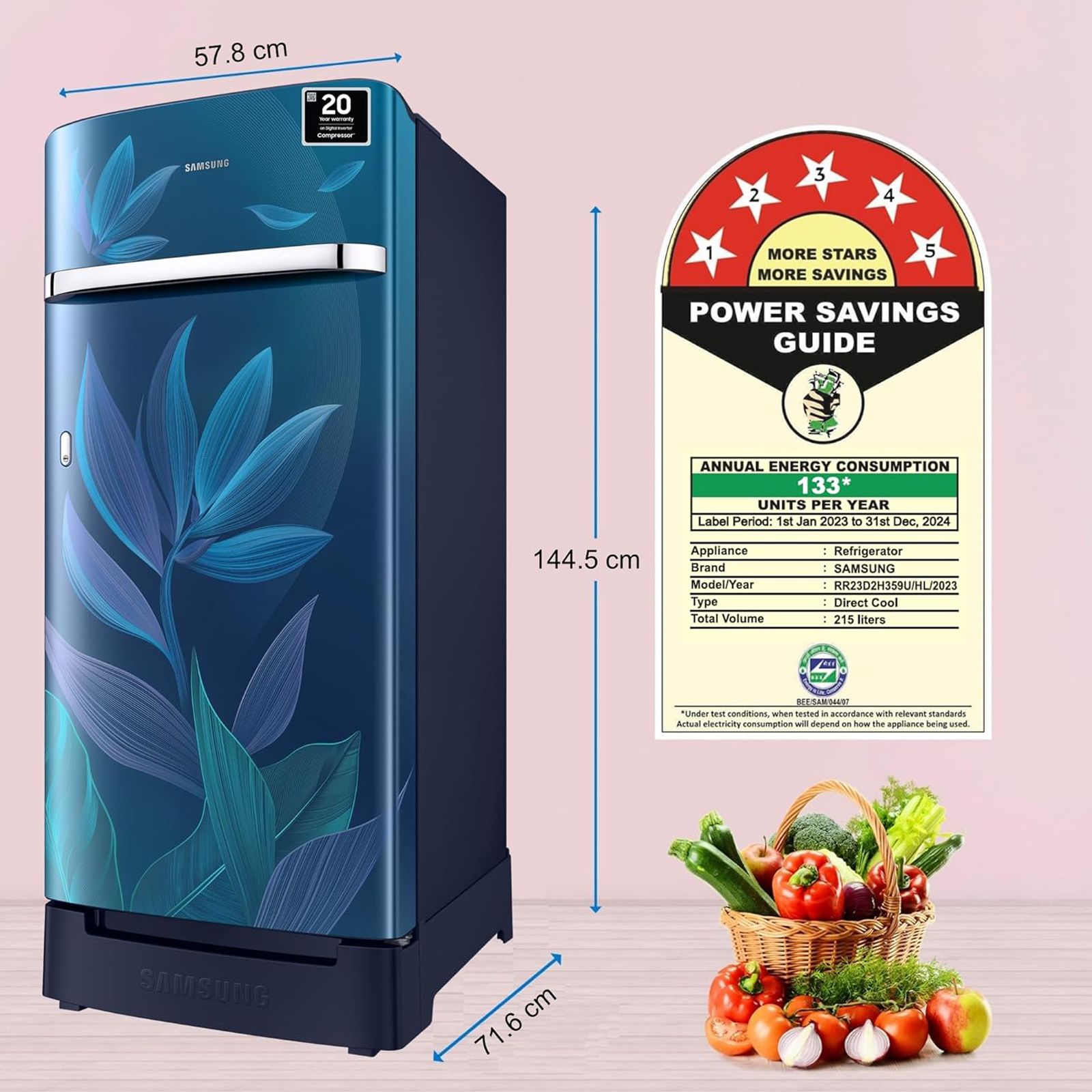SAMSUNG Horizontal Curve 215 Litres 5 Star Direct Cool Single Door Refrigerator with Anti Bacterial Gasket (RR23D2H359U/HL, Paradise Bloom Blue)_15