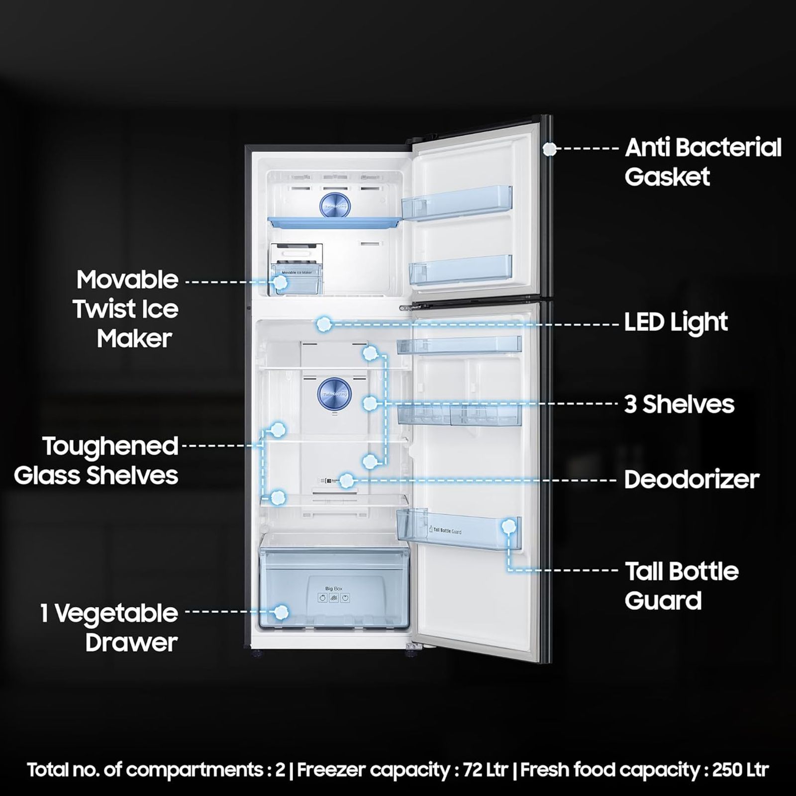 SAMSUNG 322 Litres 3 Star Frost Free Double Door Convertible Refrigerator with Twin Cooling Plus Technology (RT37C4523B1/HL, Black Matt)_16