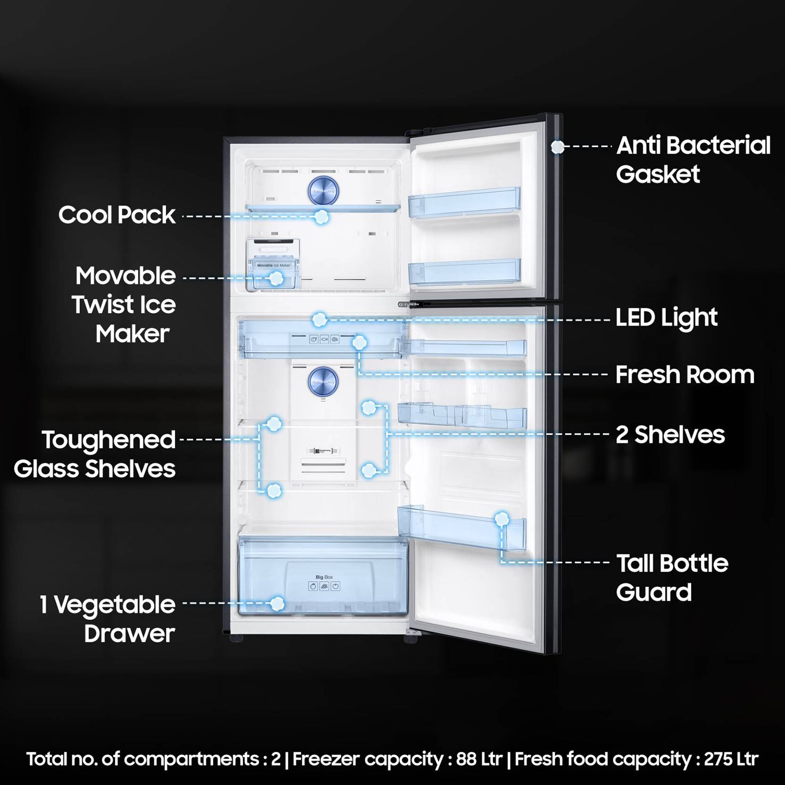 SAMSUNG 363 Litres 3 Star Frost Free Double Door Convertible Refrigerator with Anti Bacterial Gasket (RT39C553EBX/HL, Luxe Black)_18