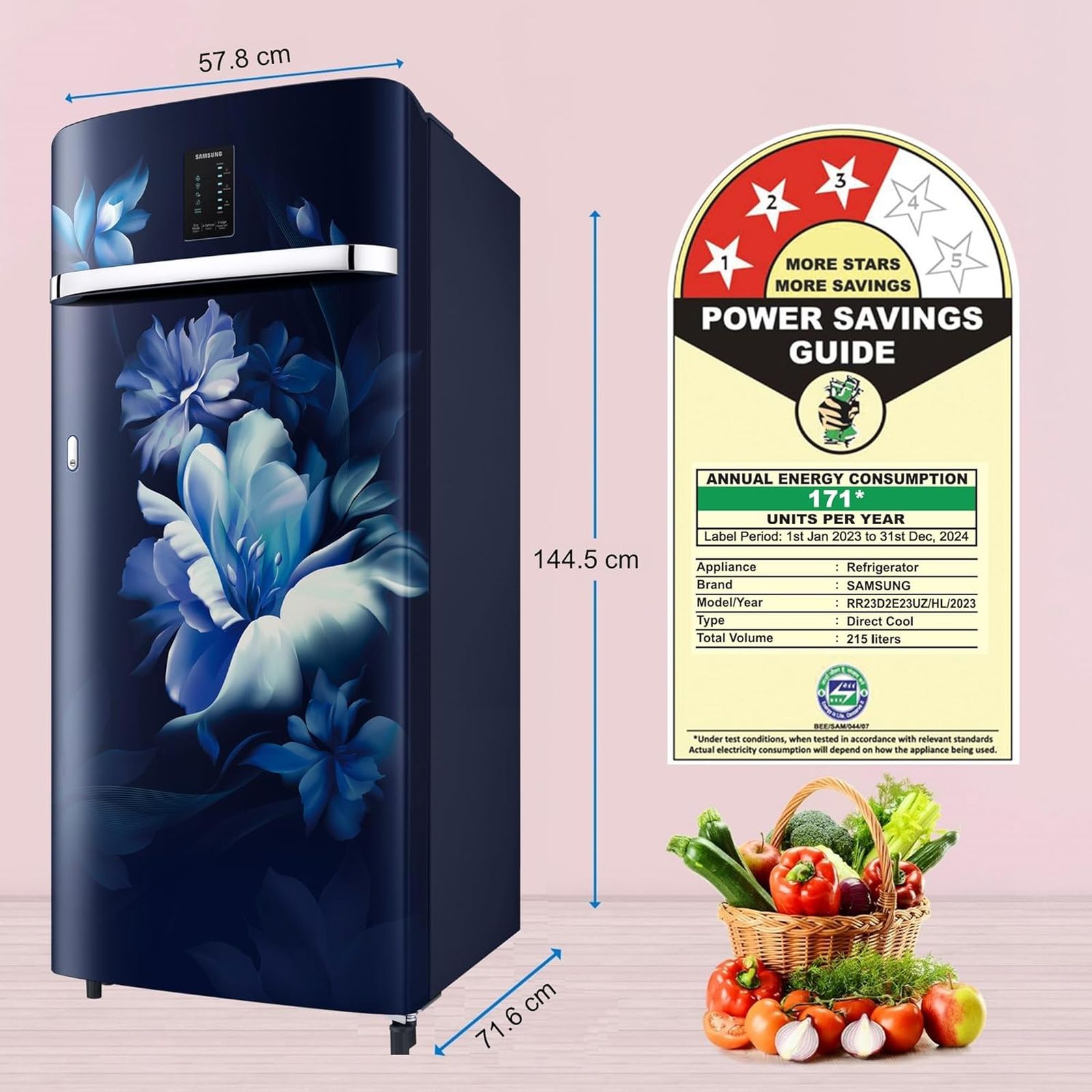 SAMSUNG Digi-Touch Cool 215 Litres 3 Star Direct Cool Single Door Refrigerator with Anti Bacterial Gasket (RR23D2E23UZ/HL, Midnight Blossom Blue)_8