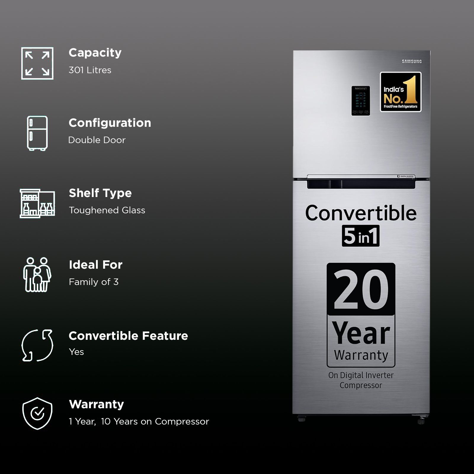 SAMSUNG 301 Litres 2 Star Frost Free Double Door Convertible Refrigerator with Twin Cooling Plus Technology (RT34C4542S8/HL, Elegant Inox) SAMSUNG 301 Litres 2 Star Frost Free Double Door Convertible Refrigerator with Twin Cooling Plus Technology (RT34C4542S8/HL, Elegant Inox)_2