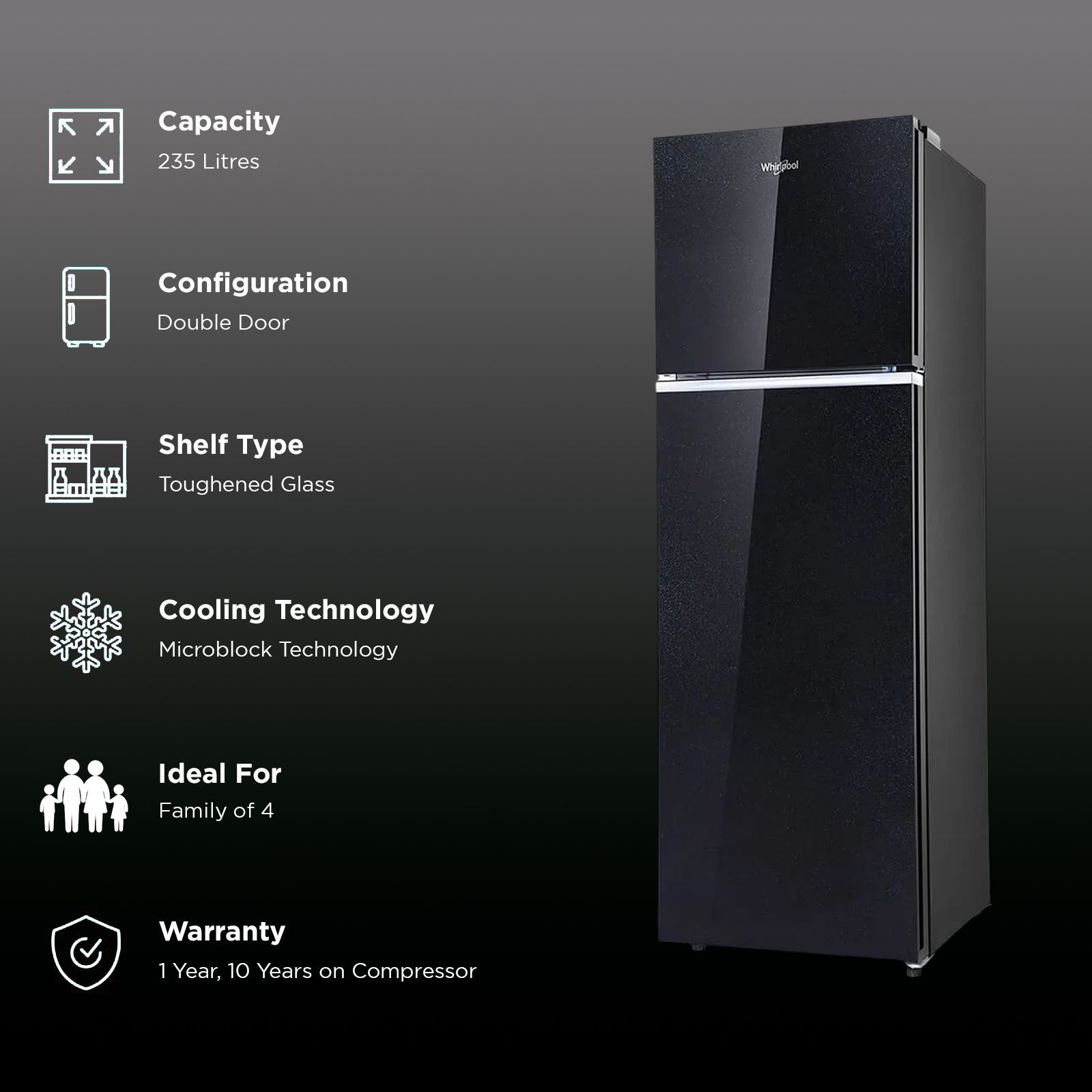 Whirlpool Neofresh 235 Litres 2 Star Frost Free Double Door Refrigerator with Intellisense Inverter Technology (22052, Crystal Black) Whirlpool Neofresh 235 Litres 2 Star Frost Free Double Door Refrigerator with Intellisense Inverter Technology (22052, Crystal Black)_2