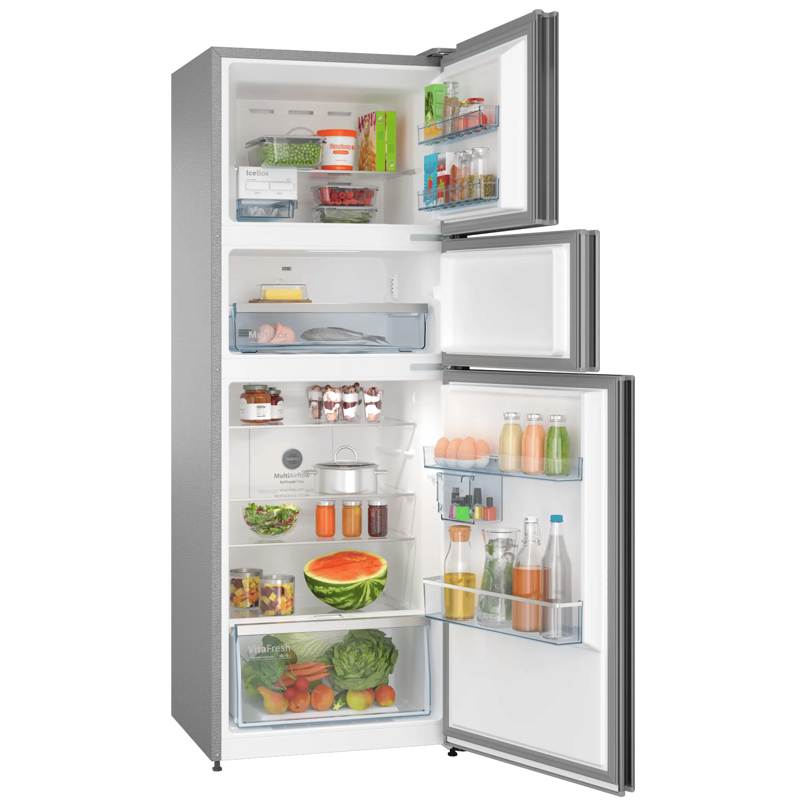 BOSCH Series 4 335 Litres 3 Star Frost Free Triple Door Convertible Refrigerator with VarioInverter Compressor (CMC36K03NI, Shiney Silver)_4