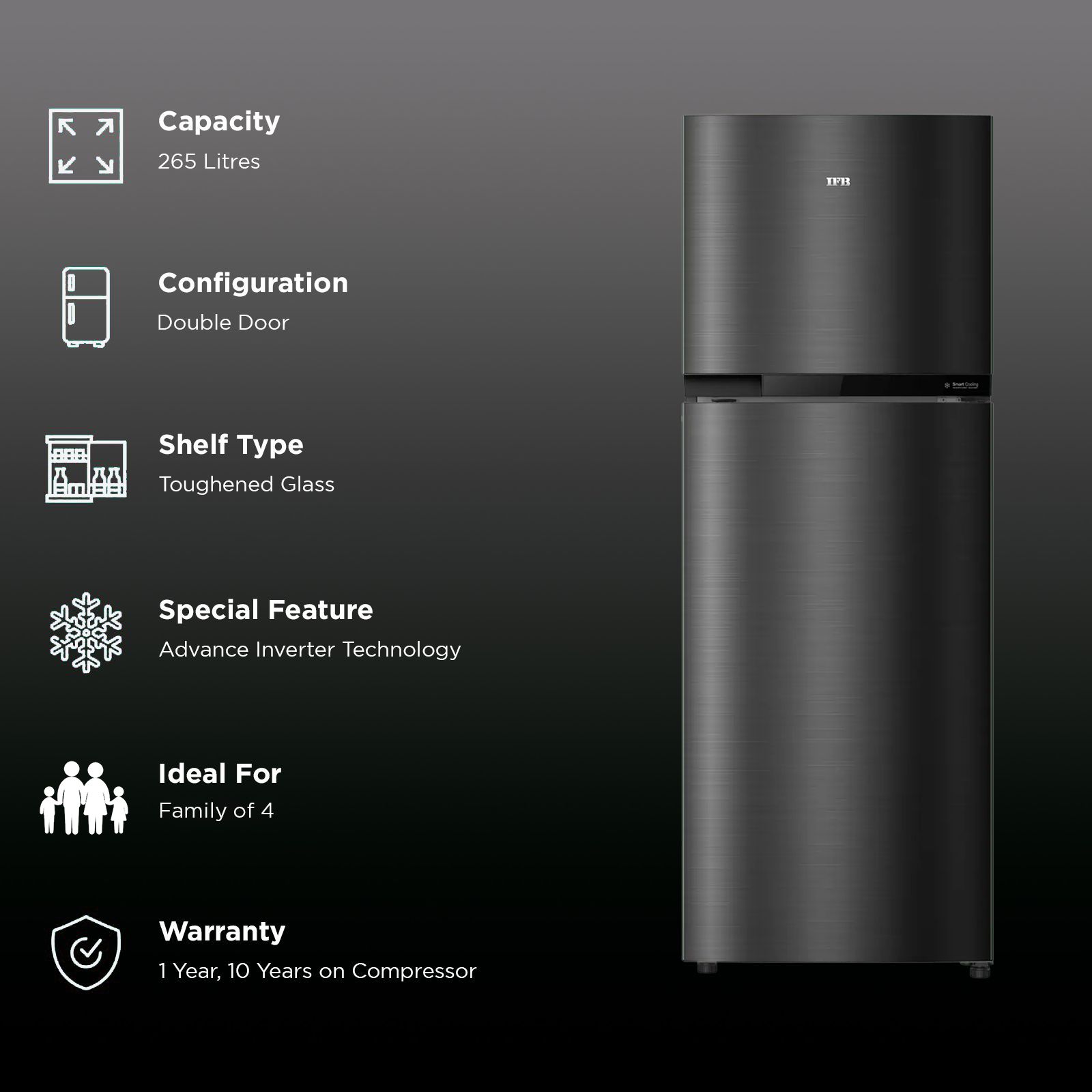IFB Eco-Cool 265 Litres 2 Star Frost Free Double Door Refrigerator with Active Deodoriser (IFBFF-3152IKS, Black Steel) IFB Eco-Cool 265 Litres 2 Star Frost Free Double Door Refrigerator with Active Deodoriser (IFBFF-3152IKS, Black Steel)_2