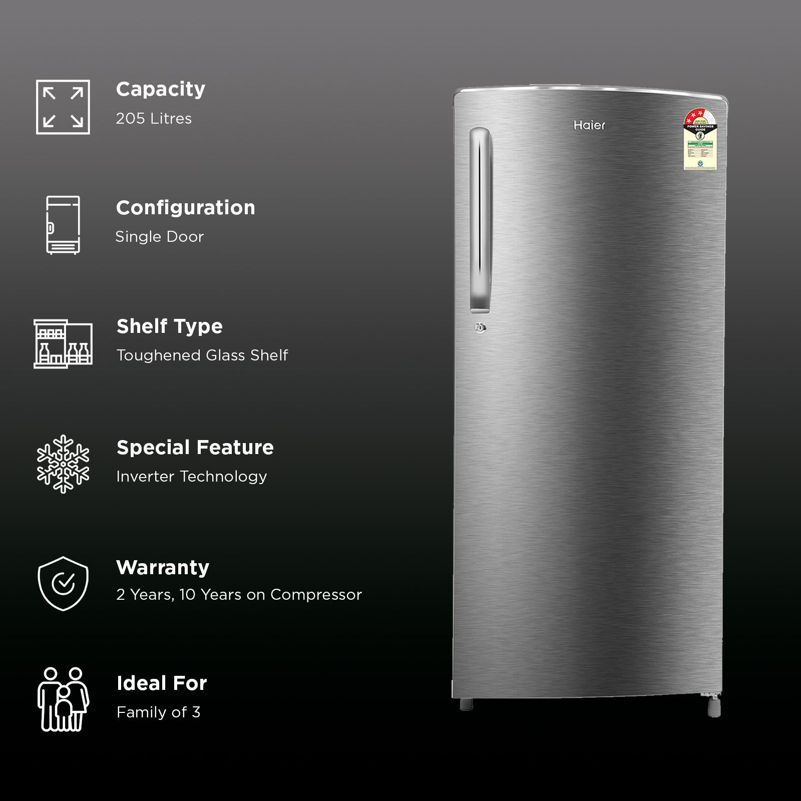 Haier 205 Litres 3 Star Direct Cool Single Door Refrigerator with Antibacterial Gasket (HED213TSN, Inox Steel) Haier 205 Litres 3 Star Direct Cool Single Door Refrigerator with Antibacterial Gasket (HED213TSN, Inox Steel)_3
