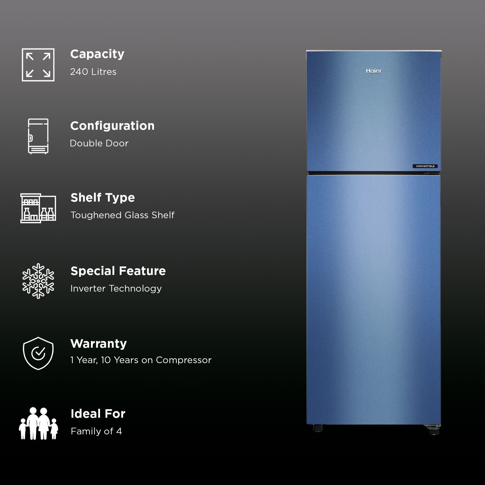 Haier 240 Litres 3 Star Frost Free Double Door Convertible Refrigerator with Antibacterial Gasket (HEF253GIP, Green Inox)_3