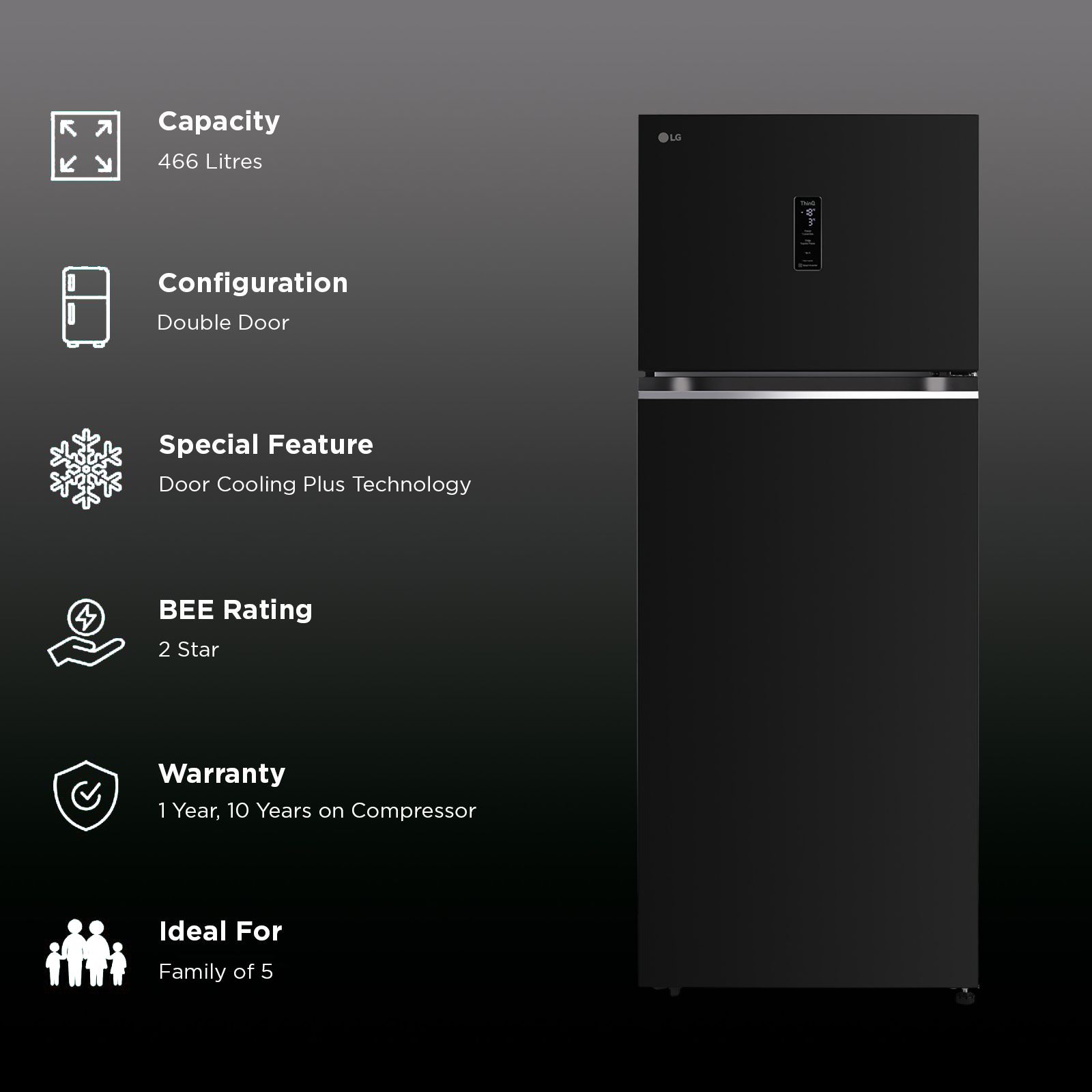 LG 466 Litres 2 Star Frost Free Double Door Smart Wifi Enabled Refrigerator with Multi Air Flow (GL-T492MESY, Ebony Sheen) LG 466 Litres 2 Star Frost Free Double Door Smart Wifi Enabled Refrigerator with Multi Air Flow (GL-T492MESY, Ebony Sheen)_2