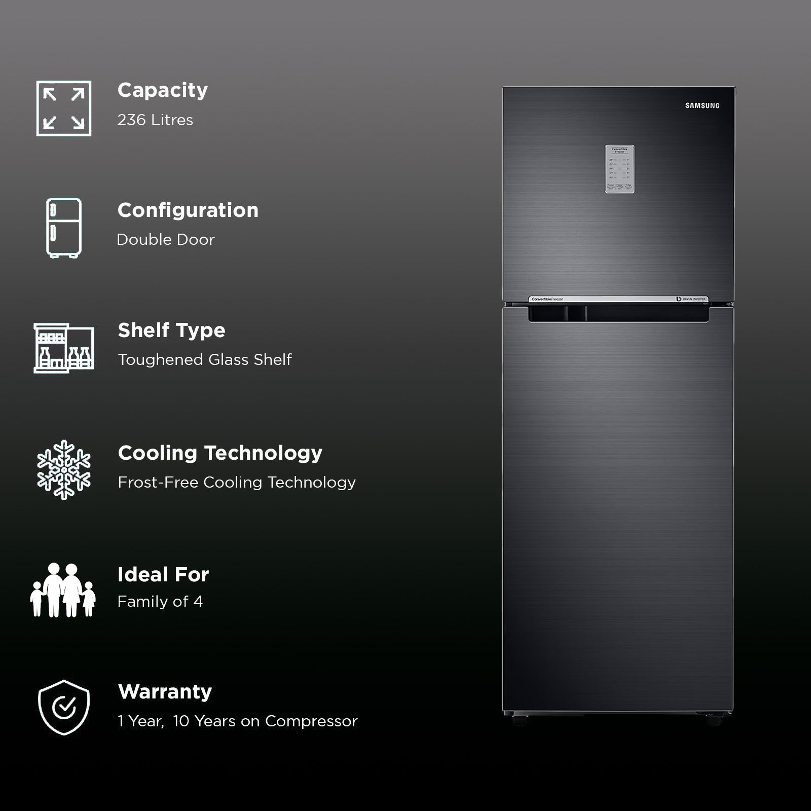 SAMSUNG 236 Litres 3 Star Frost Free Double Door Convertible Refrigerator with Anti Bacterial Gasket (RT28C3733BX/HL, Luxe Black) SAMSUNG 236 Litres 3 Star Frost Free Double Door Convertible Refrigerator with Anti Bacterial Gasket (RT28C3733BX/HL, Luxe Black)_2