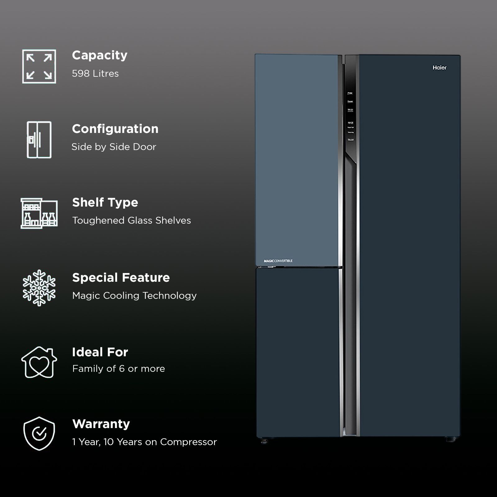 Haier Vogue Series 598 Litres 3 Star Frost Free Side by Side Refrigerator with Expert Inverter Technology (HRT-683GOG, Grey Onyx Glass) Haier Vogue Series 598 Litres 3 Star Frost Free Side by Side Refrigerator with Expert Inverter Technology (HRT-683GOG, Grey Onyx Glass)_2