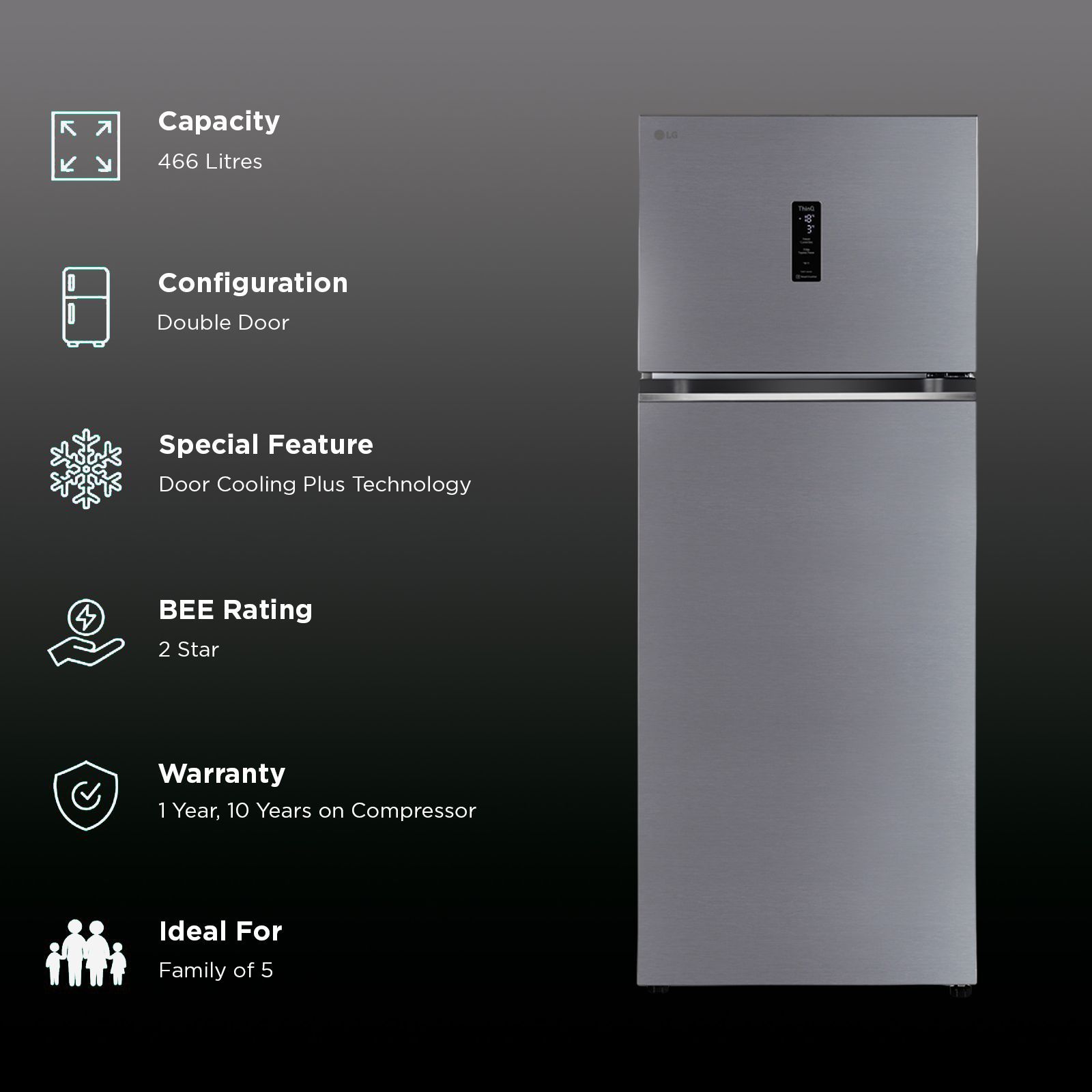 LG 466 Litres 2 Star Frost Free Double Door Smart Wifi Enabled Convertible Refrigerator with Remote Control (GL-T492MPZY, Shiny Steel) LG 466 Litres 2 Star Frost Free Double Door Smart Wifi Enabled Convertible Refrigerator with Remote Control (GL-T492MPZY, Shiny Steel)_2