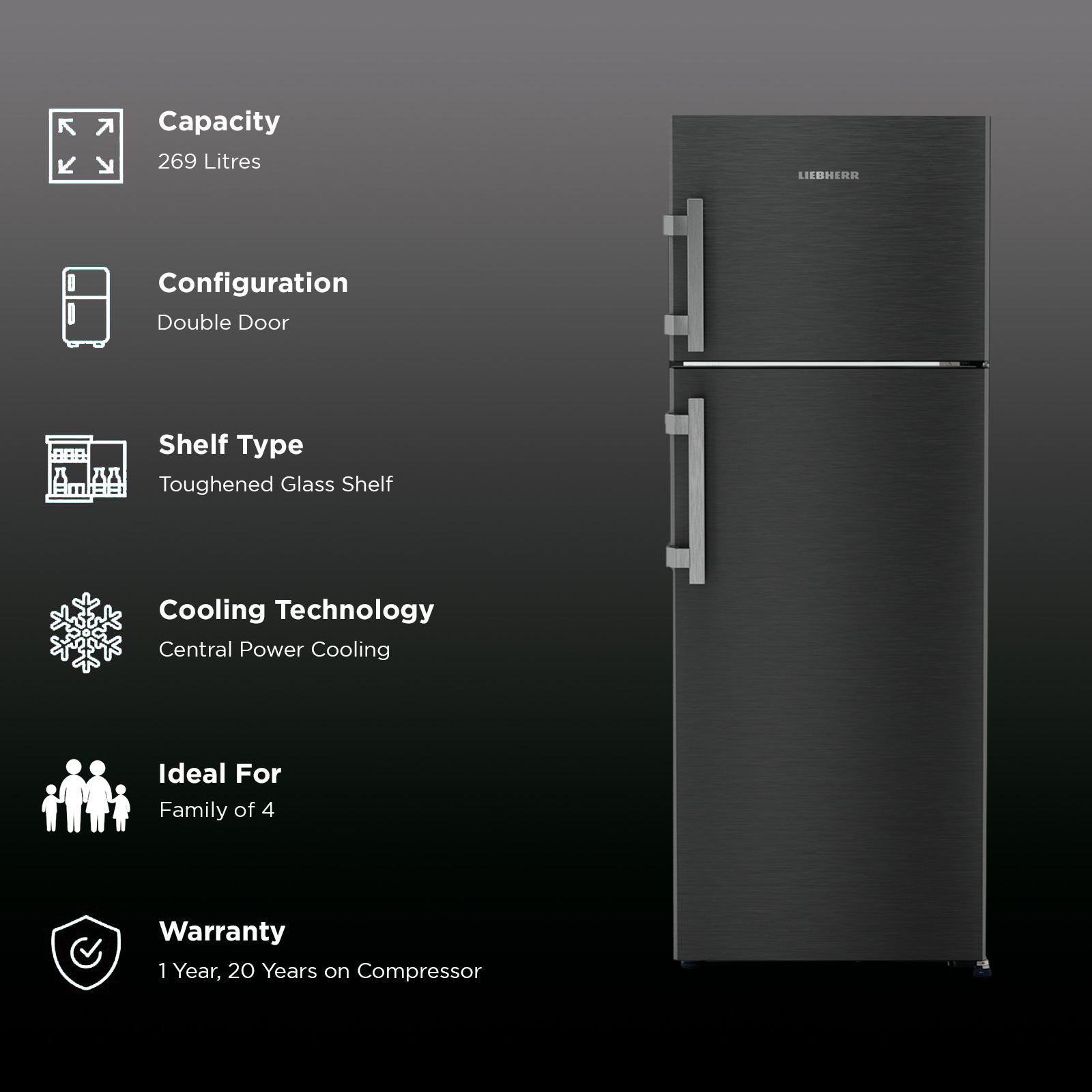 LIEBHERR Pure 269 Litres 2 Star Frost Free Double Door Refrigerator with Stabilizer Free Operation (TCLbsB 2711, Black Steel) LIEBHERR Pure 269 Litres 2 Star Frost Free Double Door Refrigerator with Stabilizer Free Operation (TCLbsB 2711, Black Steel)_2