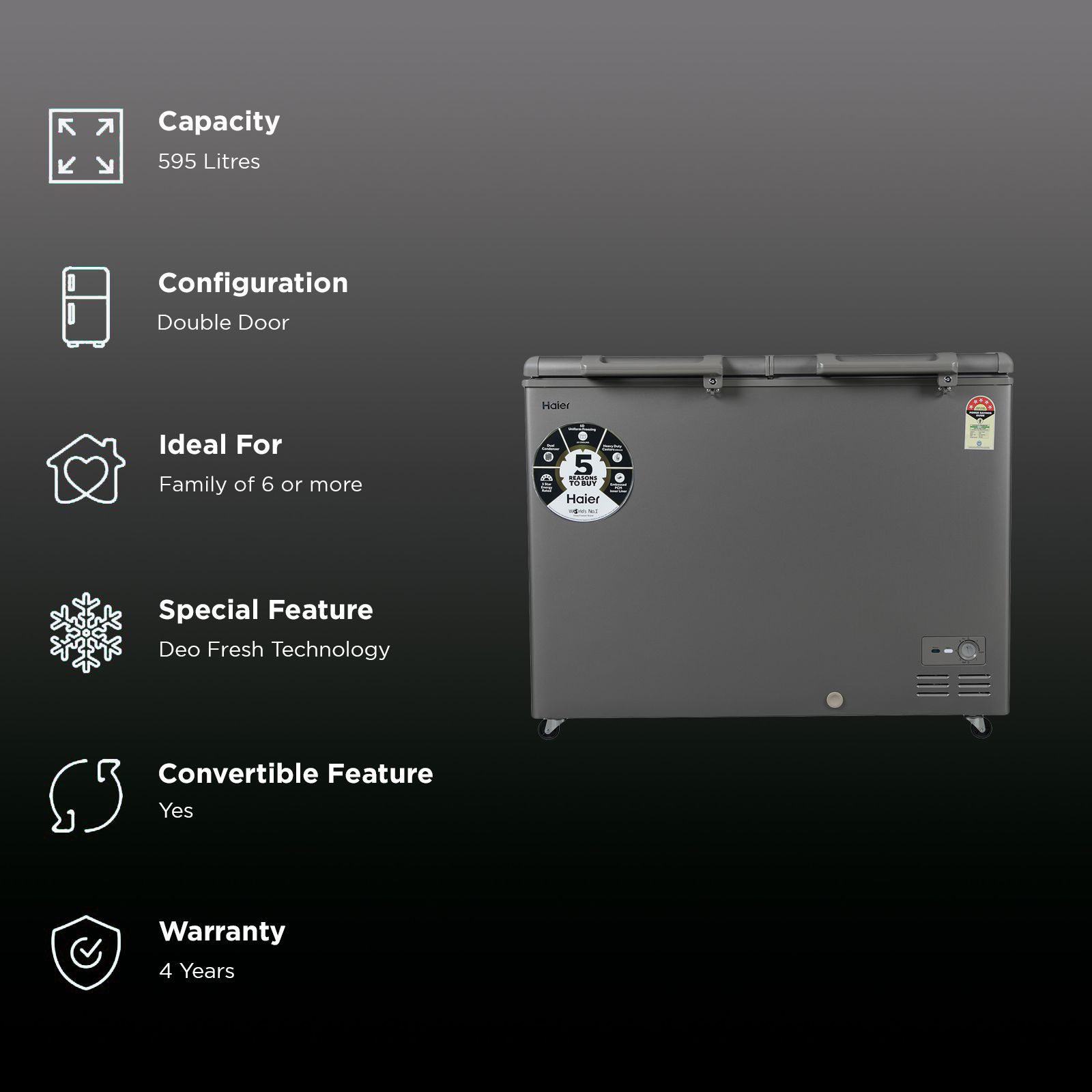 Haier Titanium 595 Litres 5 Star Double Door Deep Freezer with Stabilizer Free Operation (HFC-595DME5, Grey) Haier Titanium 595 Litres 5 Star Double Door Deep Freezer with Stabilizer Free Operation (HFC-595DME5, Grey)_2