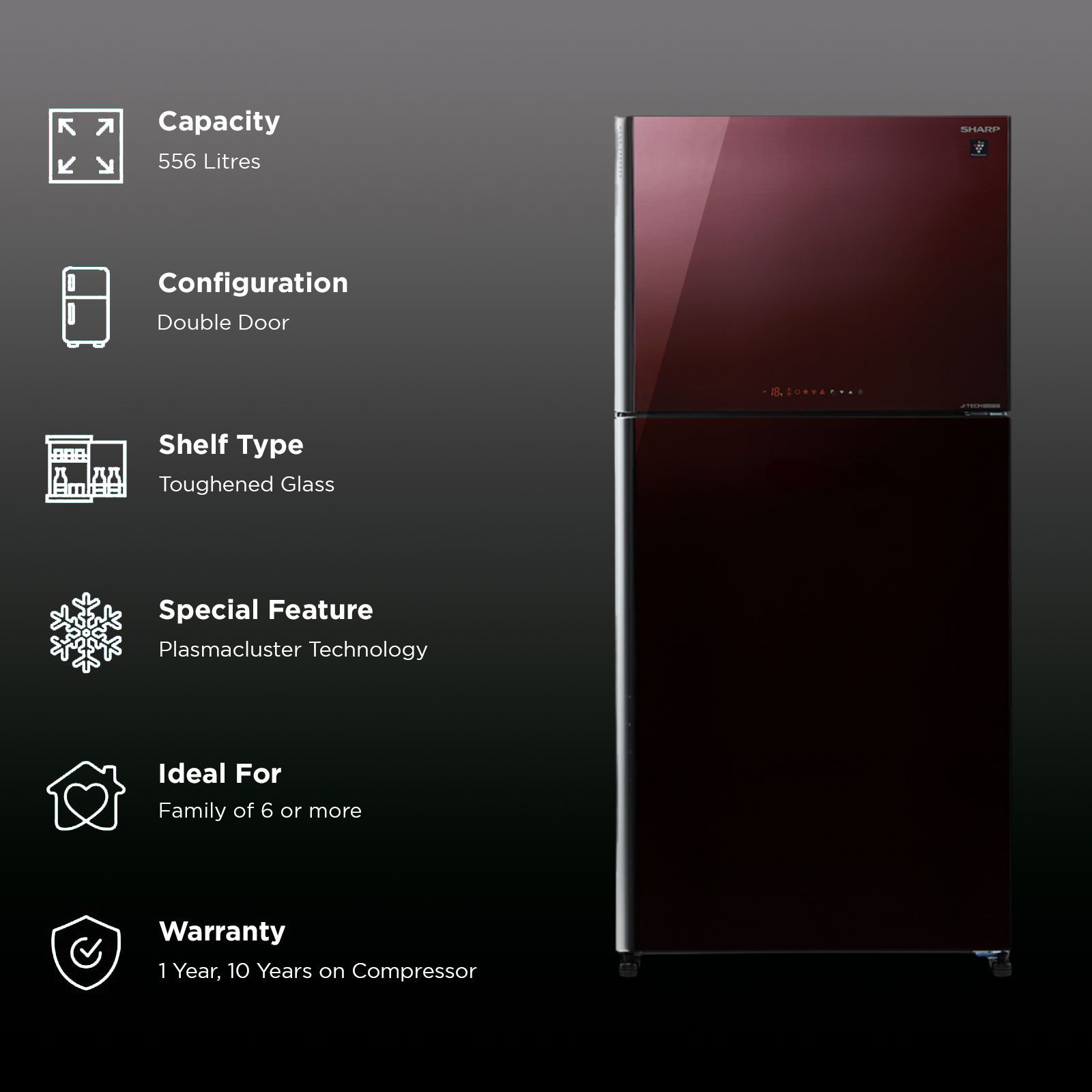 SHARP 556 Litres 2 Star Frost Free Double Door Refrigerator with Plasmacluster Technology (SJ-GP60T-MR, Maroon)_2