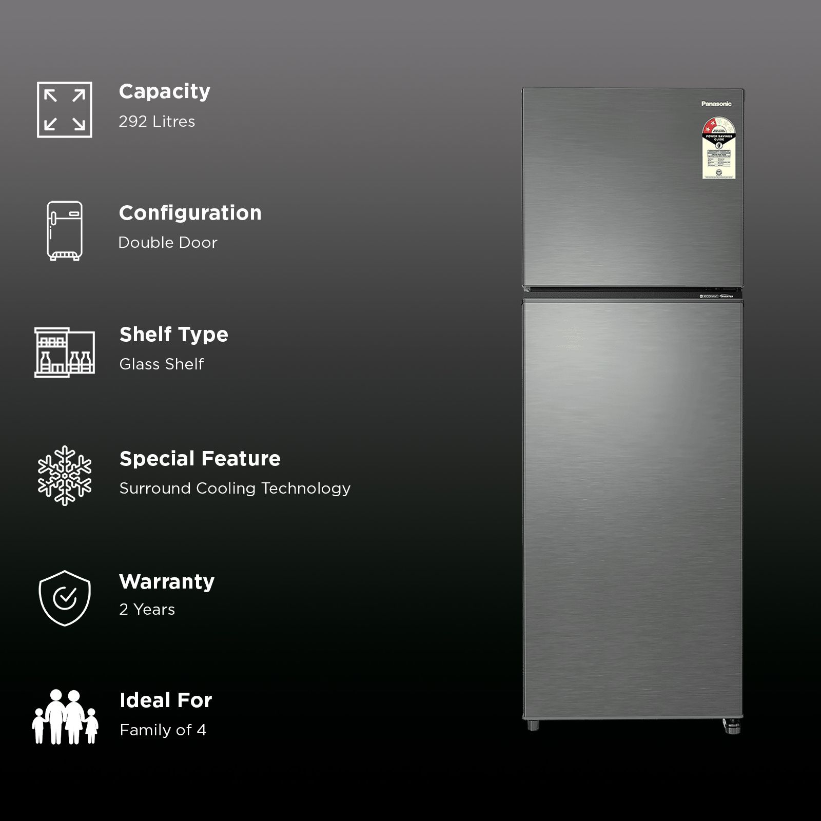 Panasonic TG Series 292 Litres 2 Star Frost Free Double Door Convertible Refrigerator with Surround Cooling Technology (NR-TG337BVHN, Electric Grey)_3