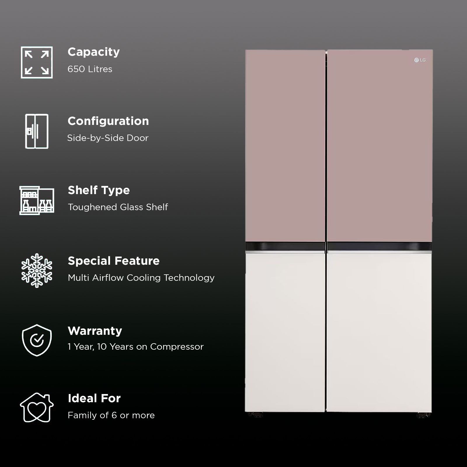 LG 650 Litres 3 Star Frost Free Side by Side Smart Wifi Enabled Convertible Refrigerator with Multi Air Flow (GL-B257EPT3, Clay Pink Tango)_2