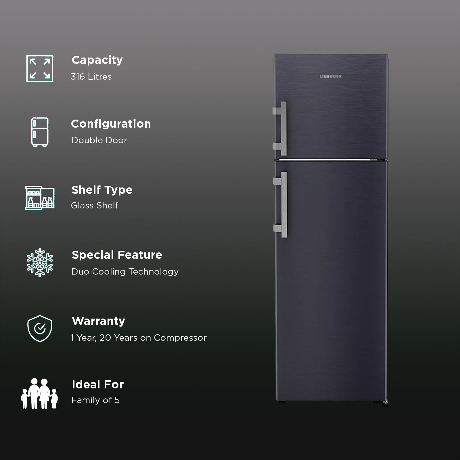 LIEBHERR Prime 316 Litres 2 Star Frost Free Double Door Refrigerator with Stabilizer Free Operation (TELcsB 3151, Cobalt Steel)_2