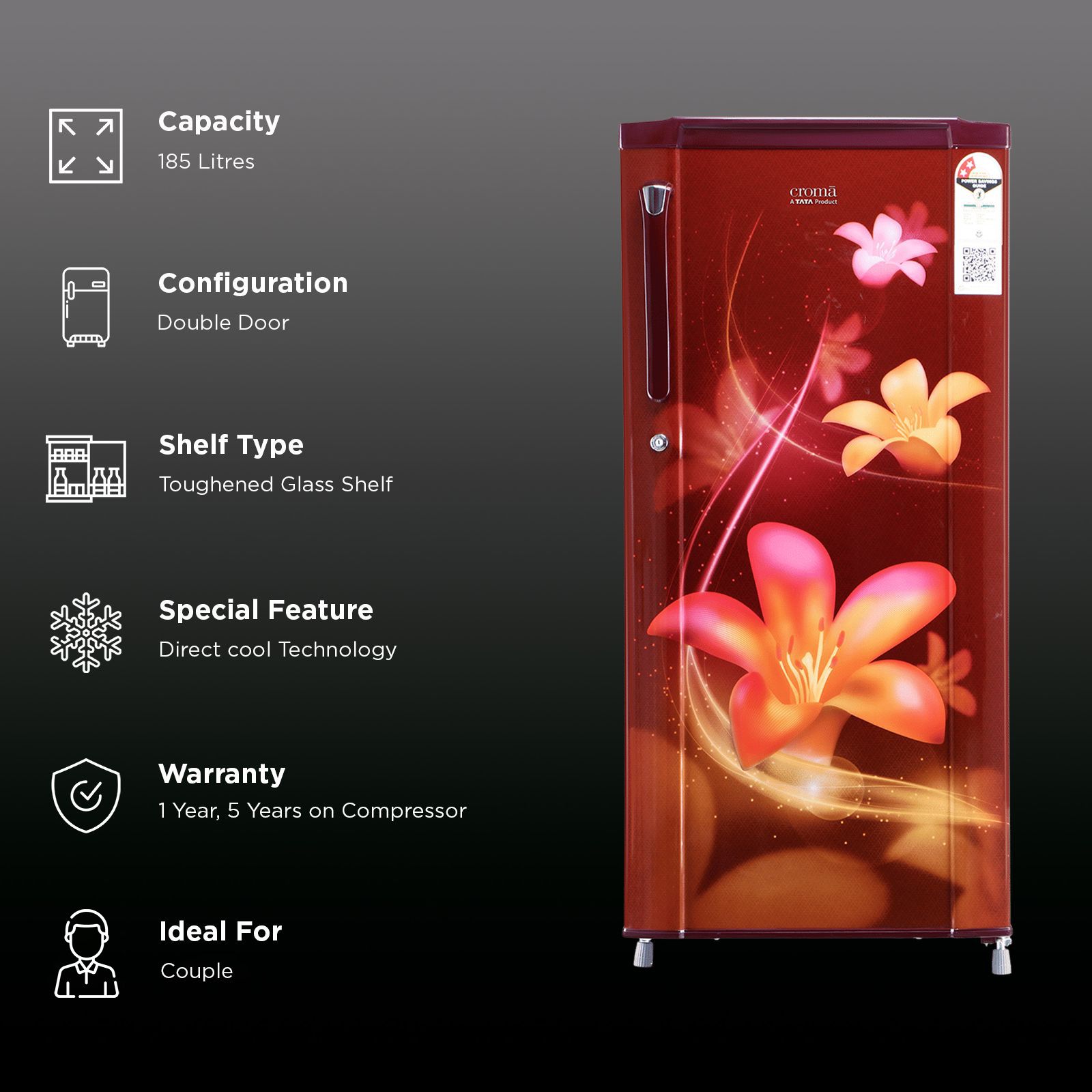 Croma 185 Litres 2 Star Direct Cool Single Door Refrigerator with Anti Fungal Gasket (CRLR185DCC008914, Red Erica) Croma 185 Litres 2 Star Direct Cool Single Door Refrigerator with Anti Fungal Gasket (CRLR185DCC008914, Red Erica)_2