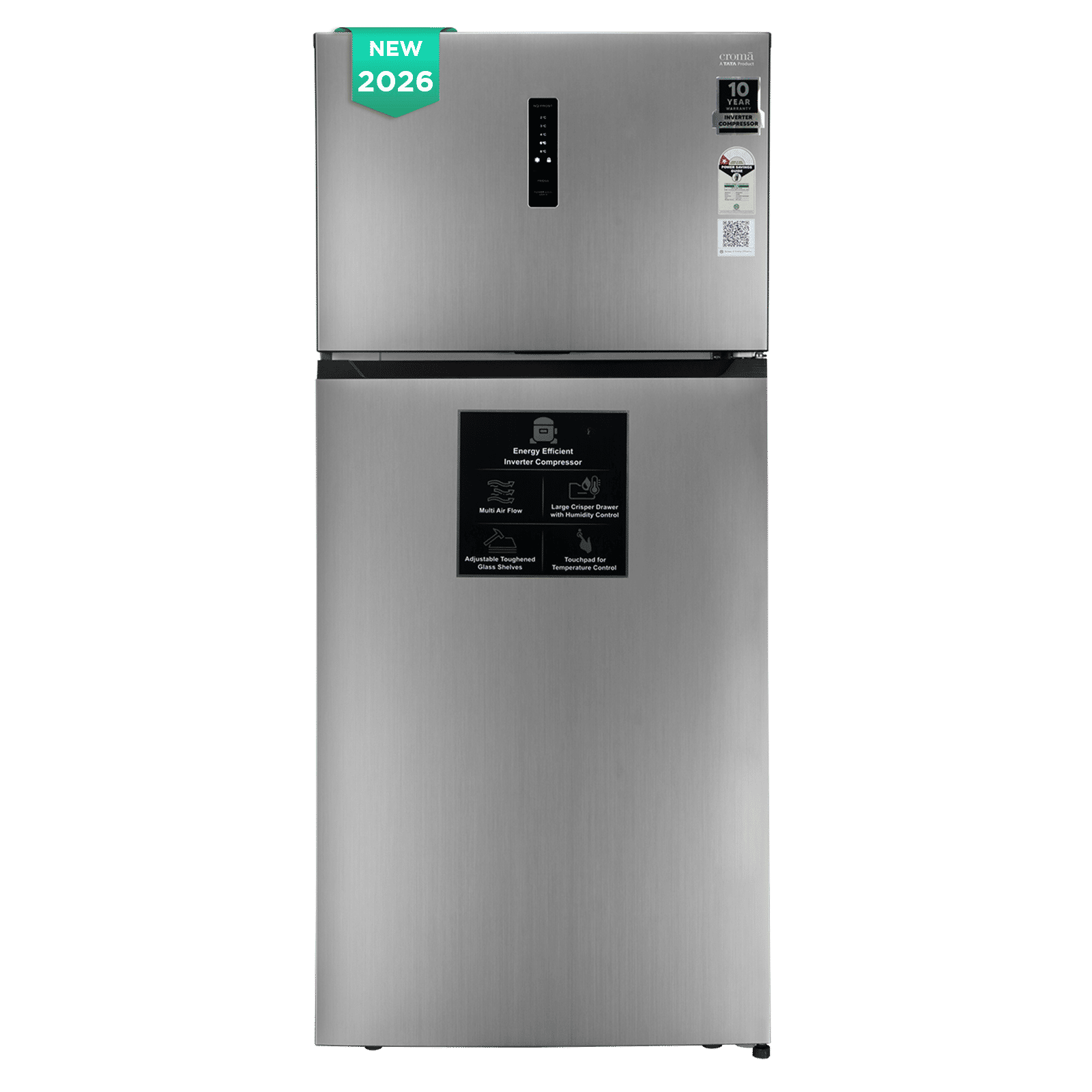 Croma 415 Litres 1 Star Frost Free Double Door Refrigerator with External Soft Touch Display (Inox Grey) Croma 415 Litres 1 Star Frost Free Double Door Refrigerator with External Soft Touch Display (Inox Grey)_1