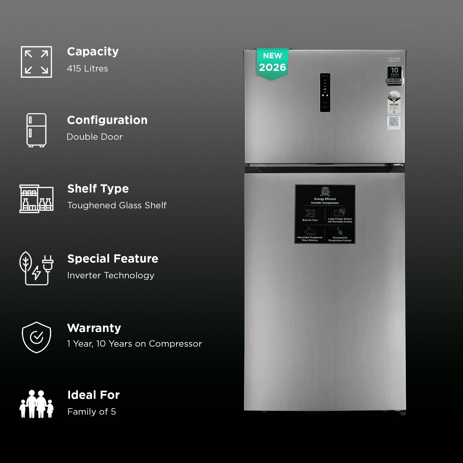 Croma 415 Litres 1 Star Frost Free Double Door Refrigerator with External Soft Touch Display (Inox Grey)_2
