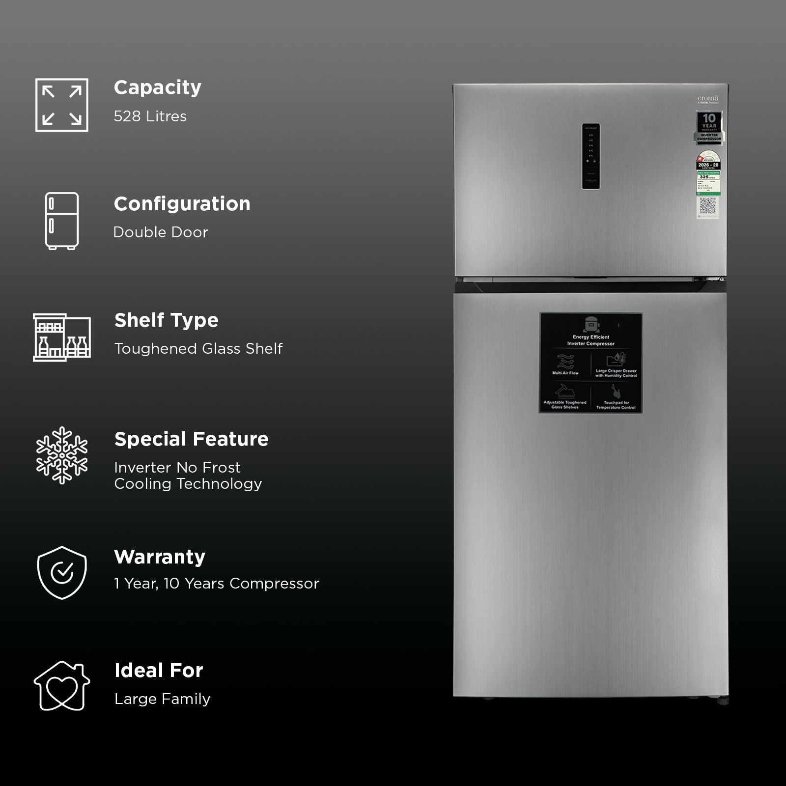 Croma 528 Litres 1 Star Frost Free Double Door Refrigerator with External Soft Touch Display (Inox Grey) Croma 528 Litres 1 Star Frost Free Double Door Refrigerator with External Soft Touch Display (Inox Grey)_3