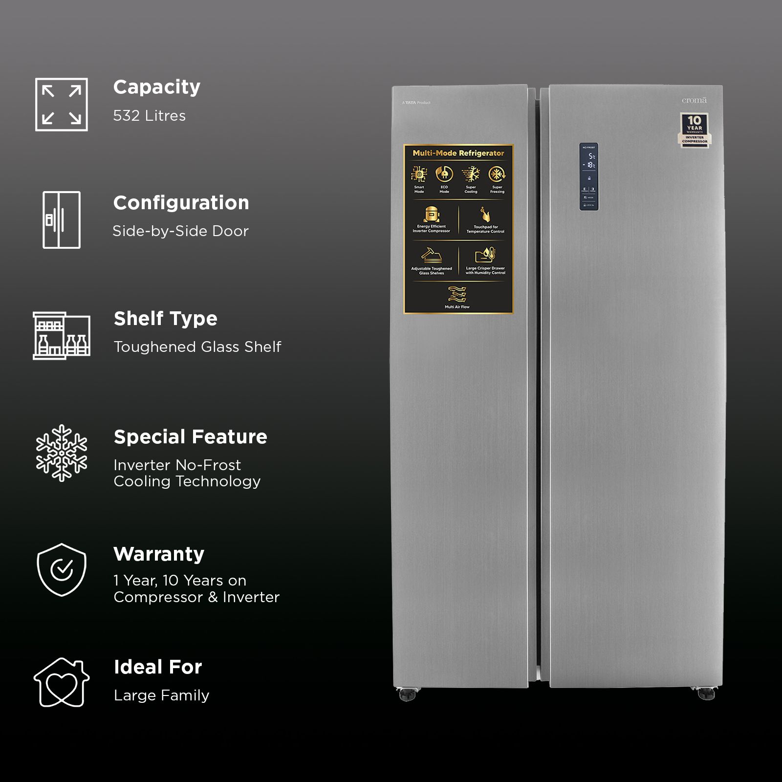Croma CRLR532SSA342494 532 Litres Frost Free Side by Side Refrigerator with Door Open Alarm (Inox Black)_2
