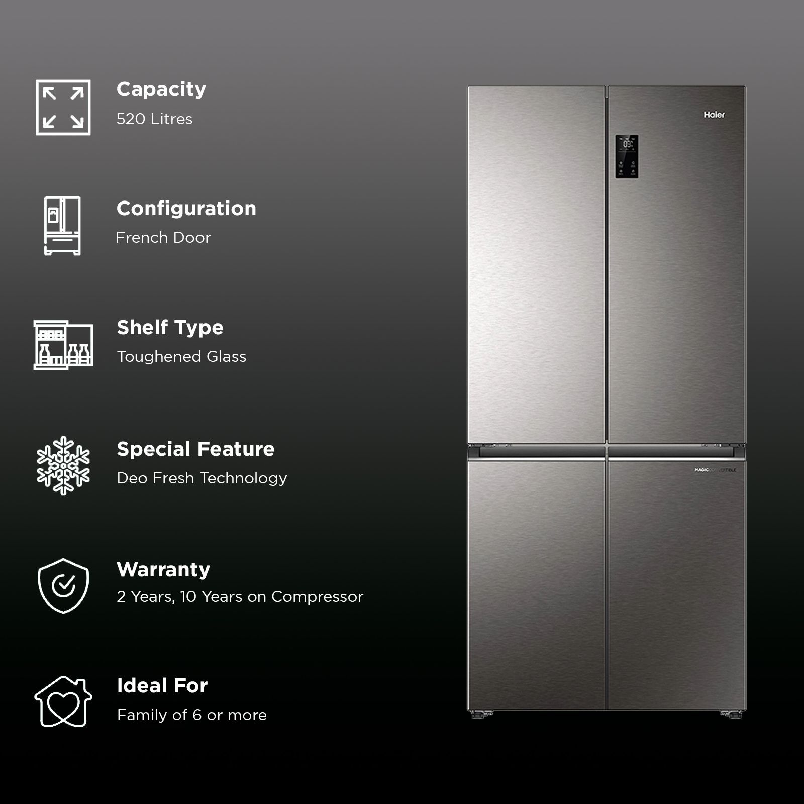 Haier 520 Litres 3 Star Frost Free French Door Convertible Refrigerator with Deo Fresh Technology (HRB-600IS, Inox Steel) Haier 520 Litres 3 Star Frost Free French Door Convertible Refrigerator with Deo Fresh Technology (HRB-600IS, Inox Steel)_3