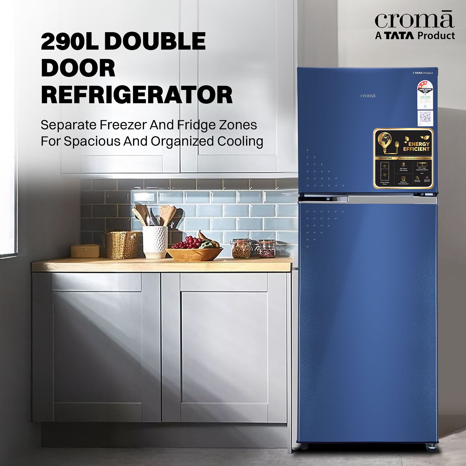 Croma 290 Litres 3 Star Frost Free Double Door Refrigerator with Inverter Technology (CRLR290FID276256, Ocean Blue)_4