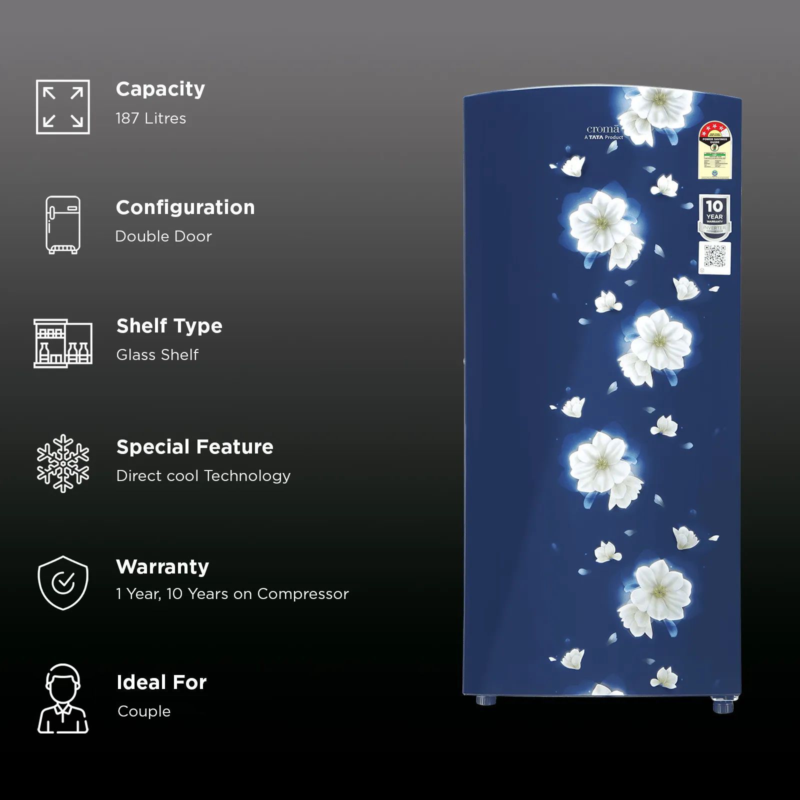 Croma 187 Litres 4 Star Direct Cool Single Door Refrigerator with Inverter Technology (CRLR187DIF302707, Floral Blue) Croma 187 Litres 4 Star Direct Cool Single Door Refrigerator with Inverter Technology (CRLR187DIF302707, Floral Blue)_2