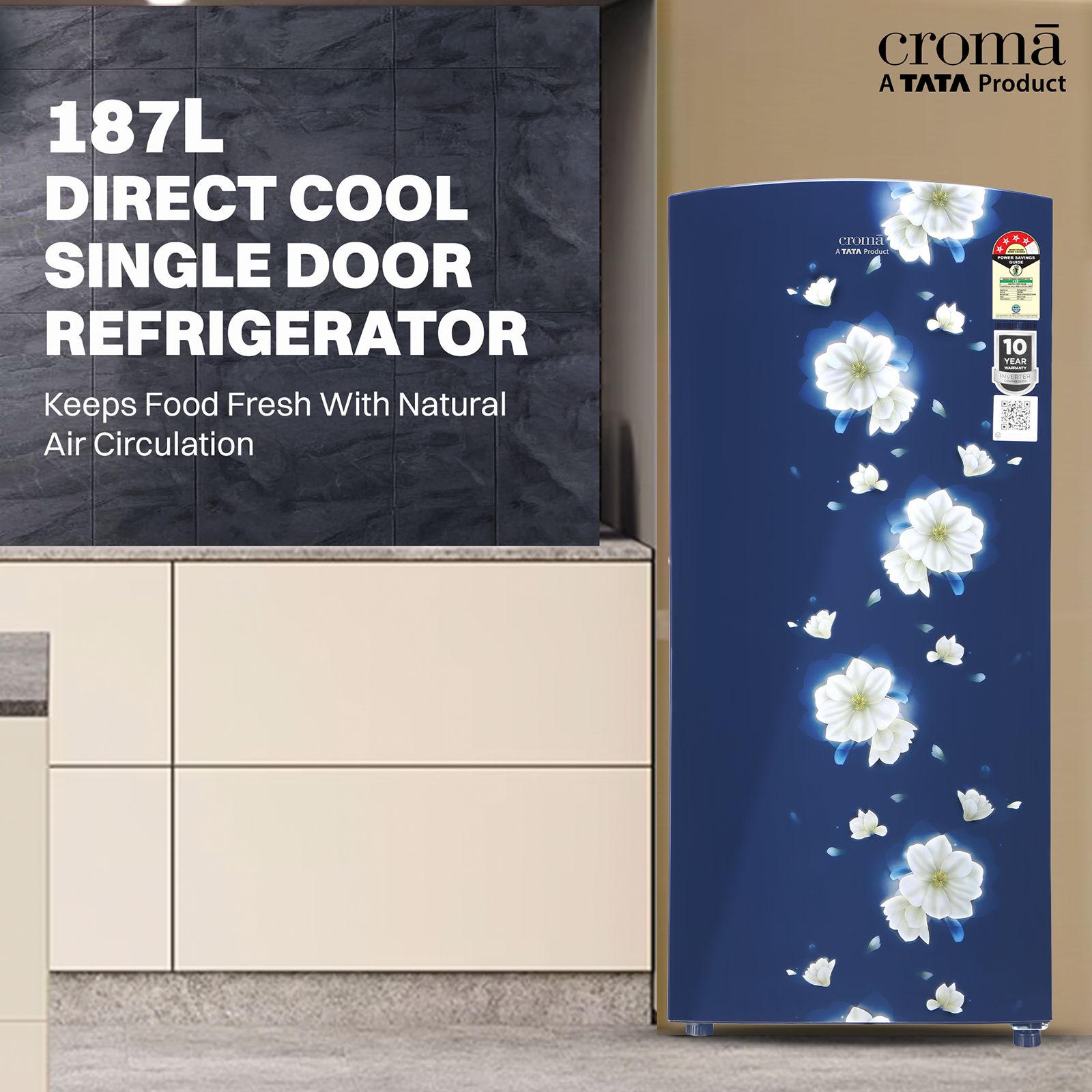 Croma 187 Litres 4 Star Direct Cool Single Door Refrigerator with Inverter Technology (CRLR187DIF302707, Floral Blue)_5