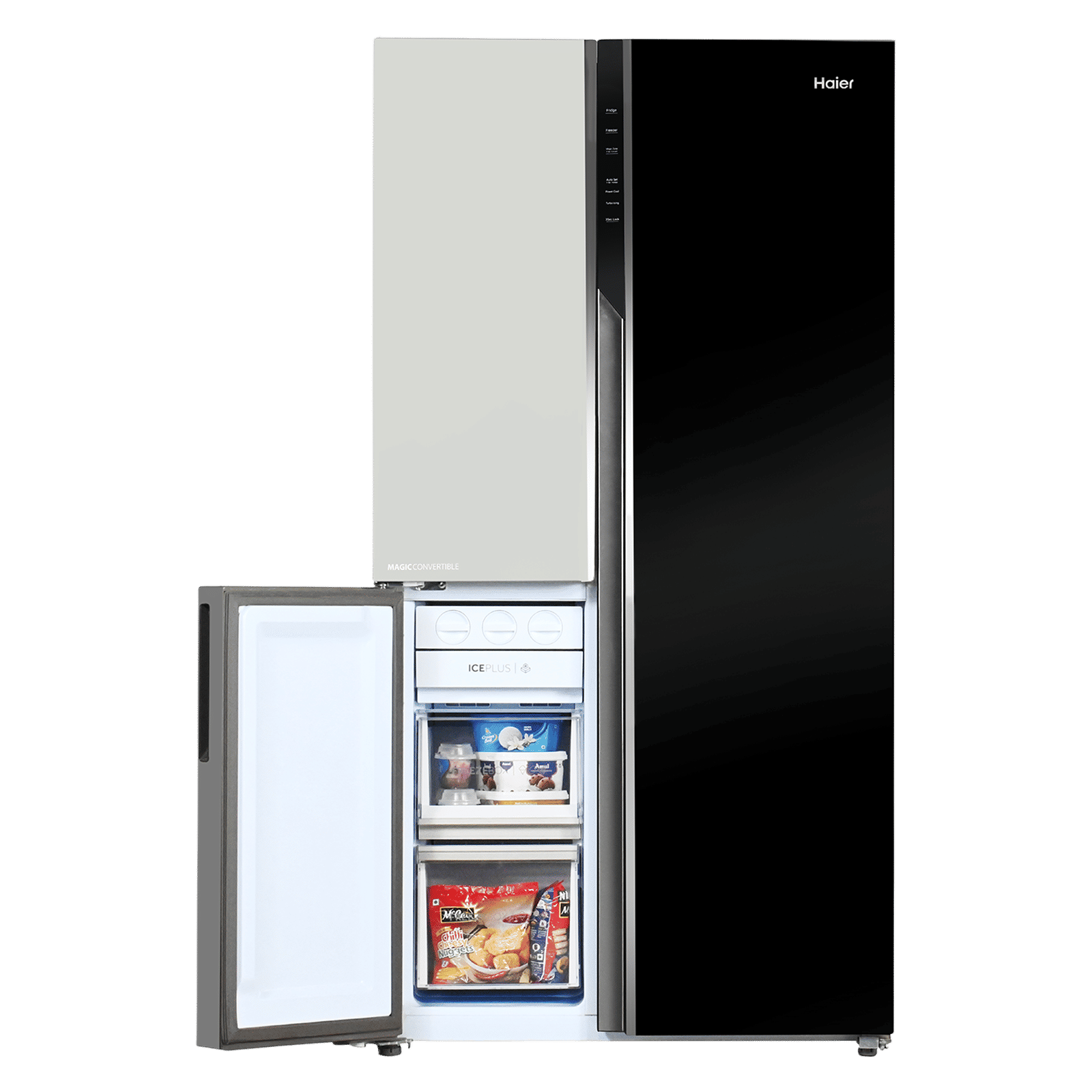 Haier Vogue Series 598 Litres 3 Star Frost Free Side by Side Door Smart Wifi Enabled Convertible Refrigerator with Deo Fresh Technology (HRT-683KWGU1, Black White Glass)_10