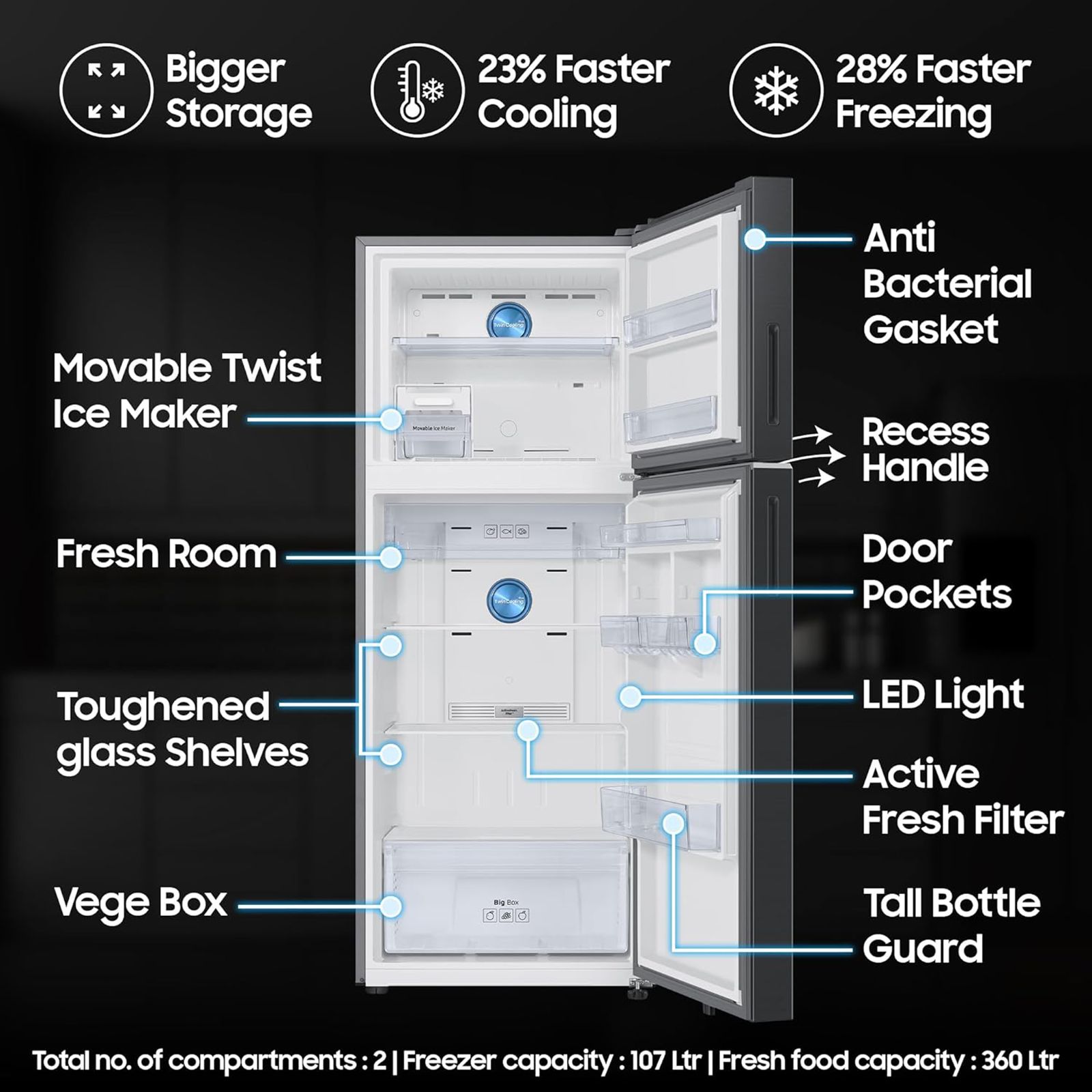 SAMSUNG 467 Litres 3 Star Frost Free Double Door Smart Wifi Enabled Refrigerator with Bespoke AI (RT80F51C3KHL, Luxe Black)_11