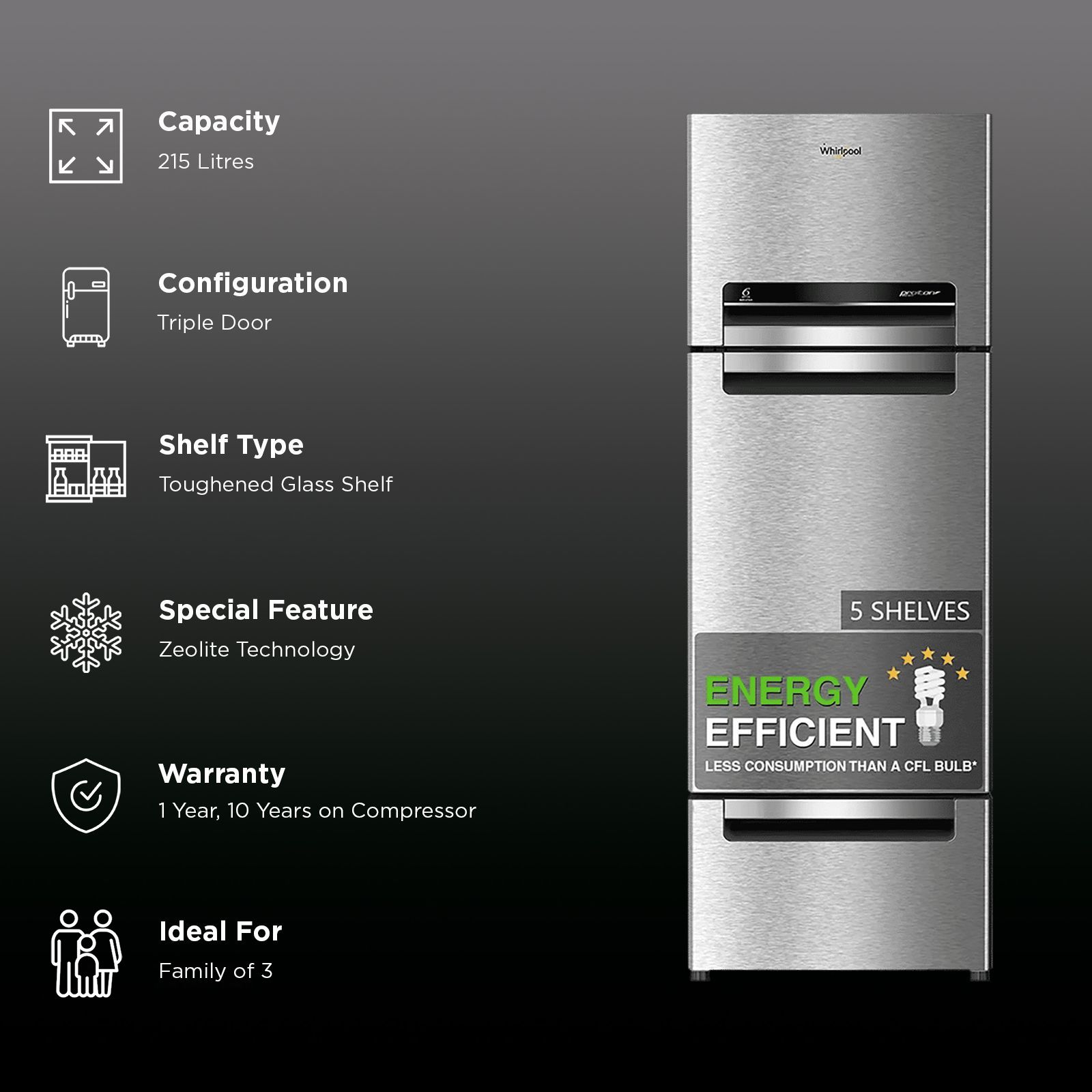Whirlpool Protton 215 Litres Frost Free Triple Door Refrigerator with Zeolite Technology (22164, Radiant Steel) Whirlpool Protton 215 Litres Frost Free Triple Door Refrigerator with Zeolite Technology (22164, Radiant Steel)_4