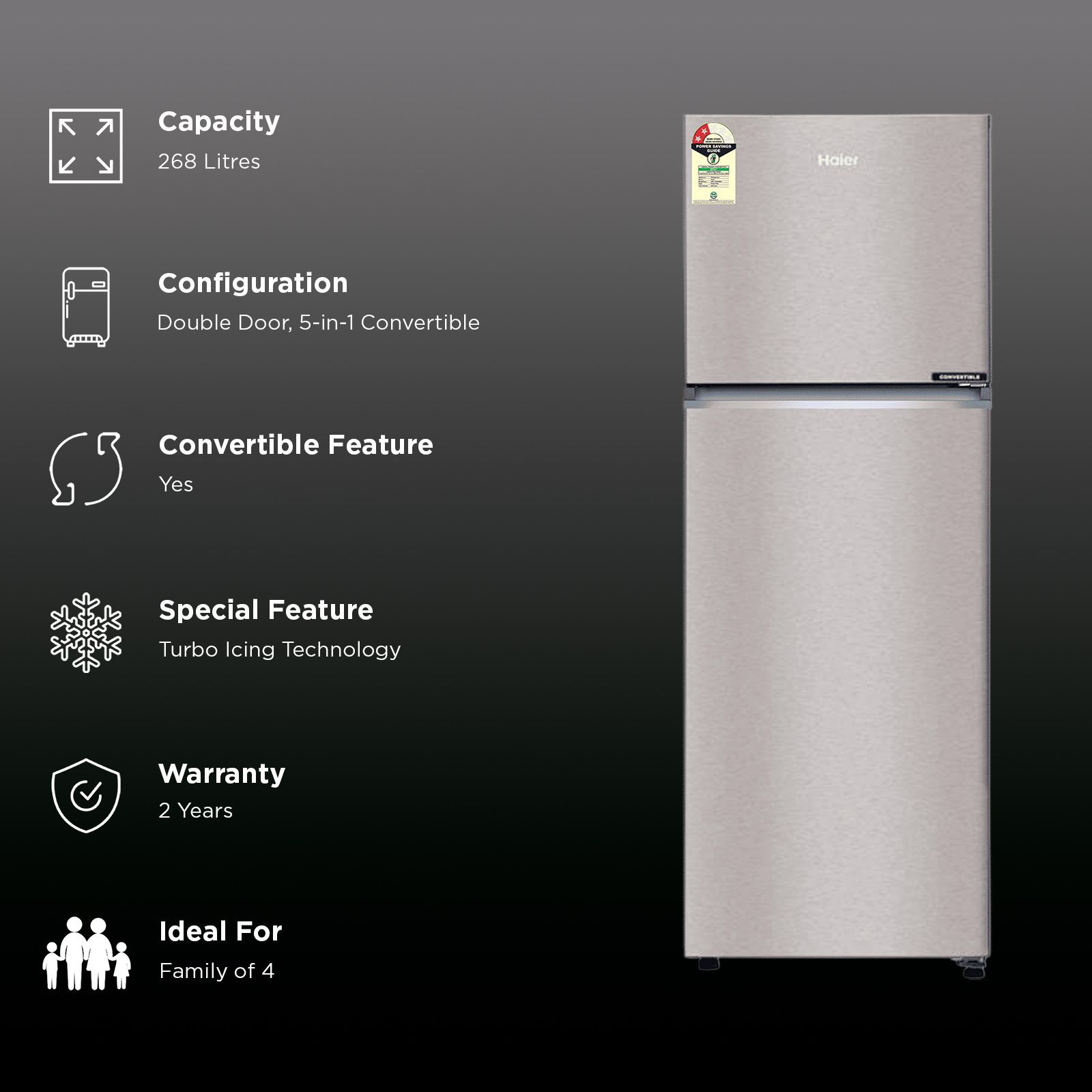 Haier 268 Litres 2 Star Frost Free Double Door Convertible Refrigerator with Turbo Icing Technology (HRF-3182IBNS-P, Nickel Steel)_2