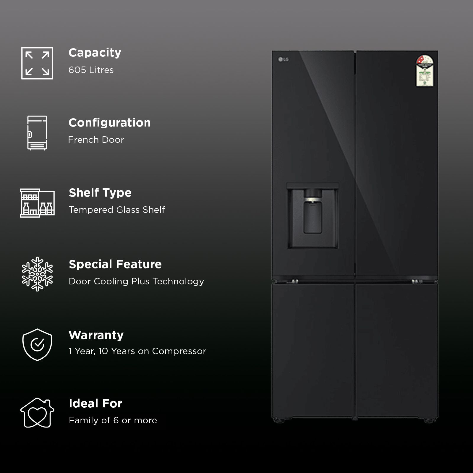 LG 605 Litres 2 Star Frost Free French Door Smart Wifi Enabled Refrigerator with Automatic Ice Maker (GV-F25FFGHB, Black Glass) LG 605 Litres 2 Star Frost Free French Door Smart Wifi Enabled Refrigerator with Automatic Ice Maker (GV-F25FFGHB, Black Glass)_2