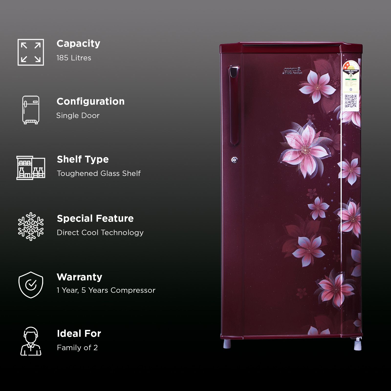 Croma 185 Litres 2 Star Direct Cool Single Door Refrigerator with Anti Fungal Gasket (Wine Floral) Croma 185 Litres 2 Star Direct Cool Single Door Refrigerator with Anti Fungal Gasket (Wine Floral)_2