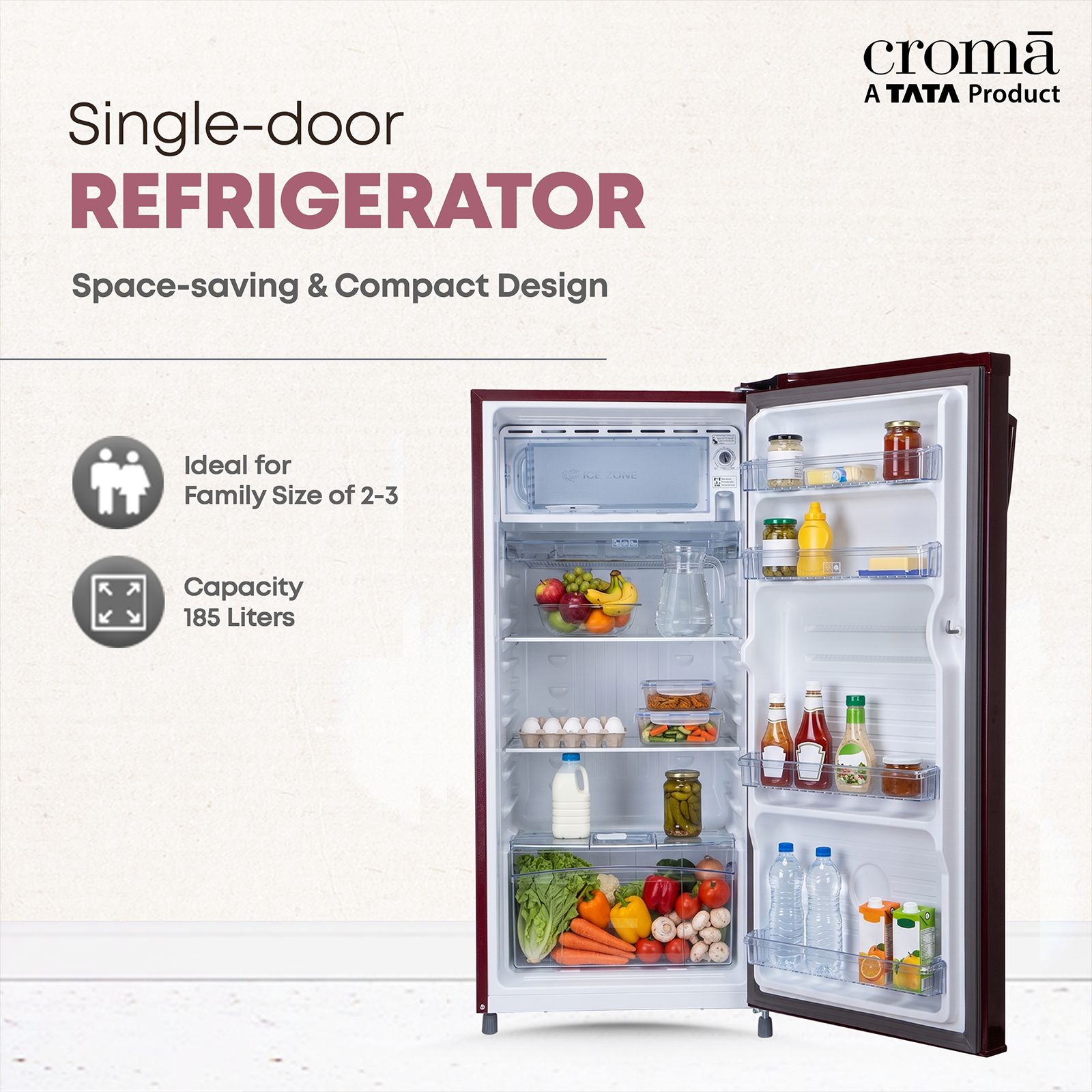 Croma 185 Litres 2 Star Direct Cool Single Door Refrigerator with Anti Fungal Gasket (Wine Floral) Croma 185 Litres 2 Star Direct Cool Single Door Refrigerator with Anti Fungal Gasket (Wine Floral)_5