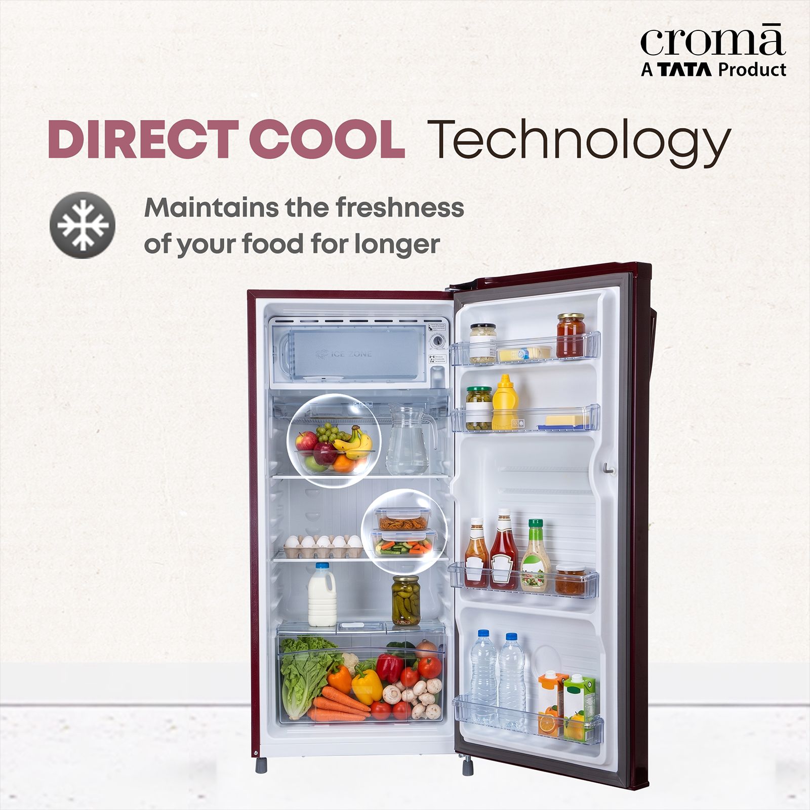 Croma 185 Litres 2 Star Direct Cool Single Door Refrigerator with Anti Fungal Gasket (Wine Floral) Croma 185 Litres 2 Star Direct Cool Single Door Refrigerator with Anti Fungal Gasket (Wine Floral)_7