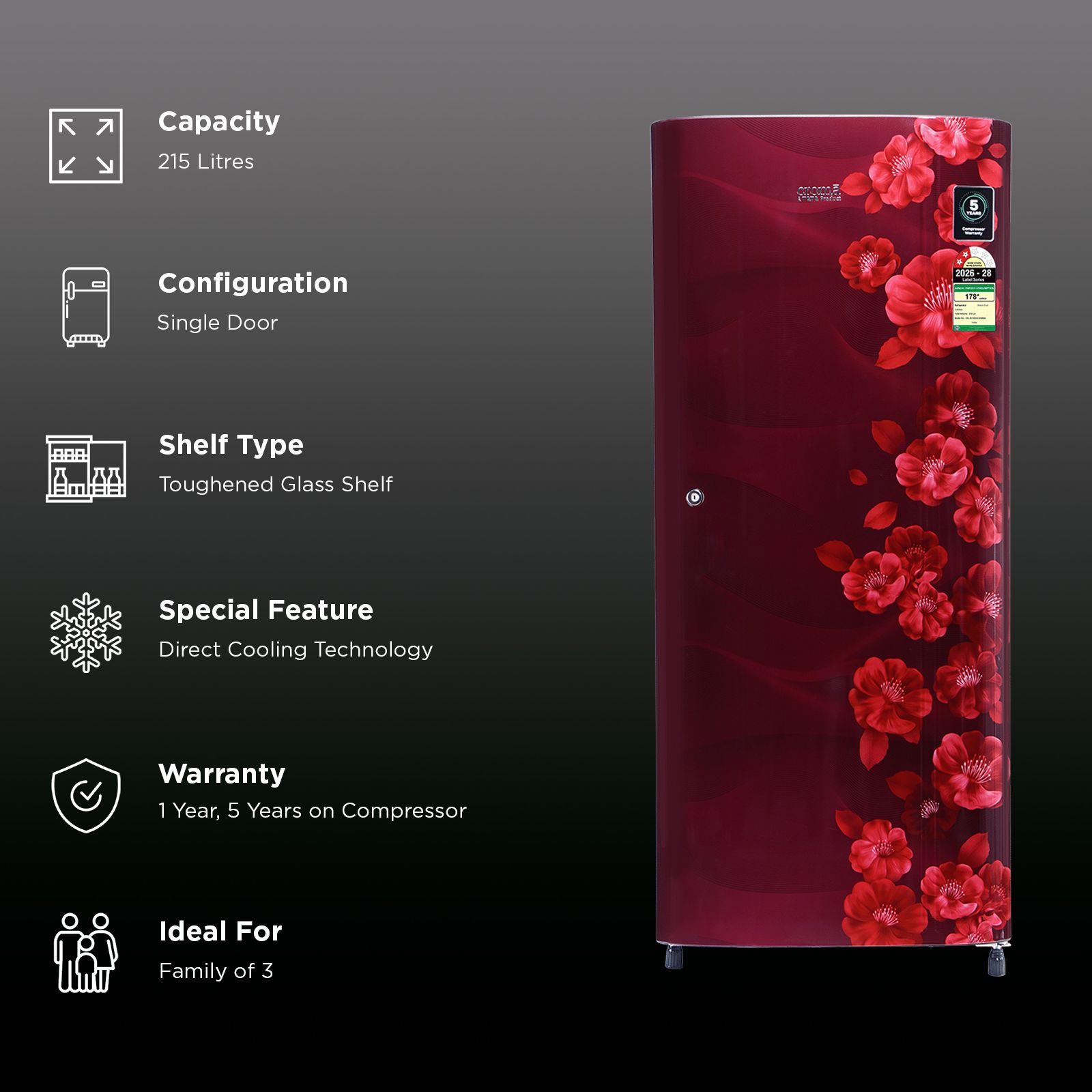 Croma 215 Litres 2 Star Direct Cool Single Door Refrigerator with Antibacterial Gasket (Floral Design, Sunlit Wine) Croma 215 Litres 2 Star Direct Cool Single Door Refrigerator with Antibacterial Gasket (Floral Design, Sunlit Wine)_2