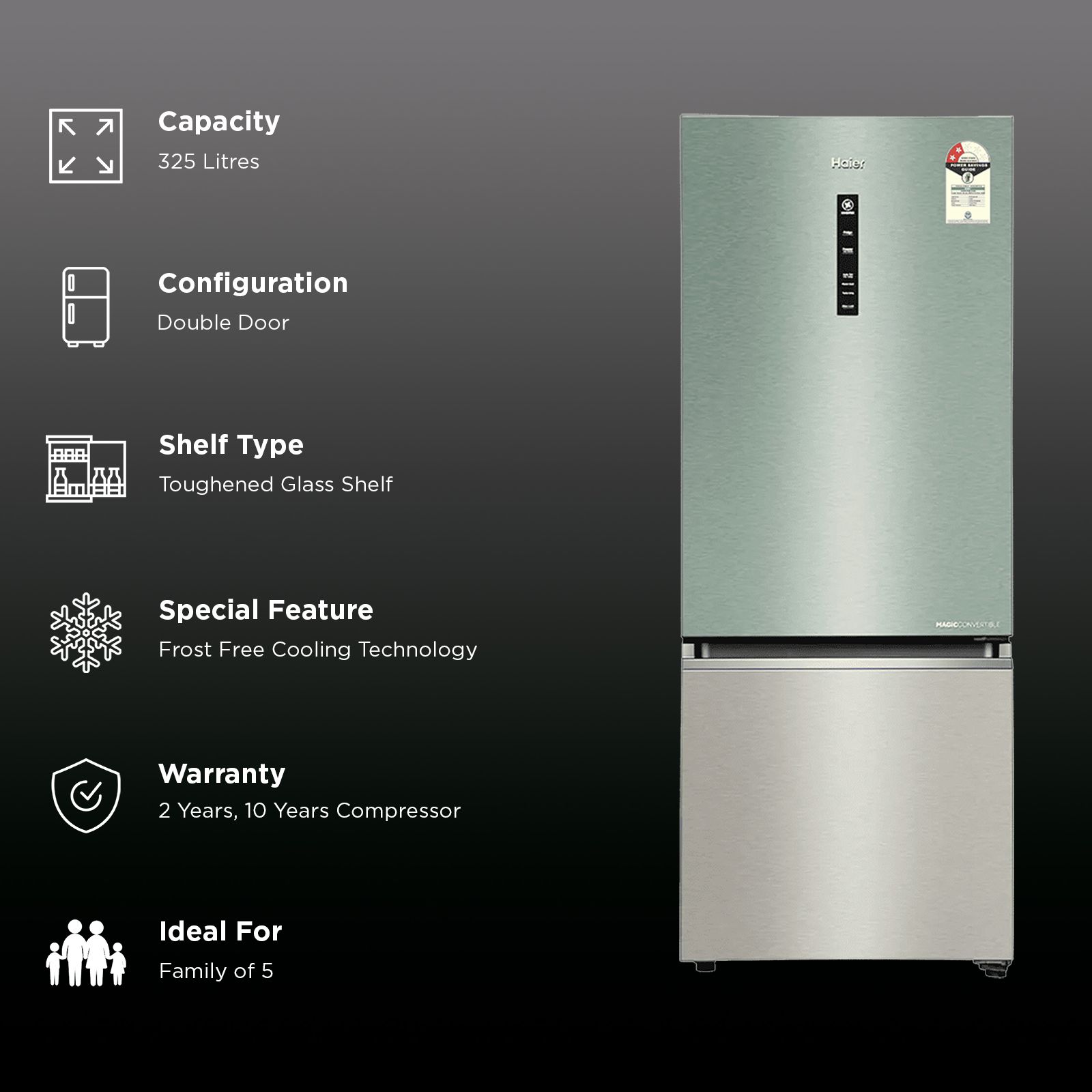 Haier 325 Litres 2 Star Frost Free Double Door Bottom Mount Convertible Refrigerator with Triple Inverter Technology (HRB-3752SGGA-P, Sage Green Glass) (2026 Model) Haier 325 Litres 2 Star Frost Free Double Door Bottom Mount Convertible Refrigerator with Triple Inverter Technology (HRB-3752SGGA-P, Sage Green Glass) (2026 Model)_2