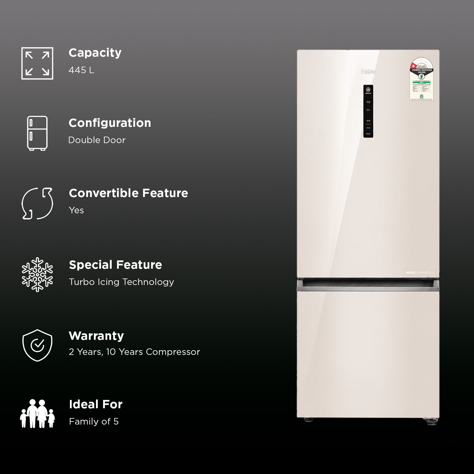Haier 445 Litres 1 Star Frost Free Double Door Bottom Mount Convertible Refrigerator with Digital Display (HRB-4951PBGA-P, Beige Glass) Haier 445 Litres 1 Star Frost Free Double Door Bottom Mount Convertible Refrigerator with Digital Display (HRB-4951PBGA-P, Beige Glass)_2