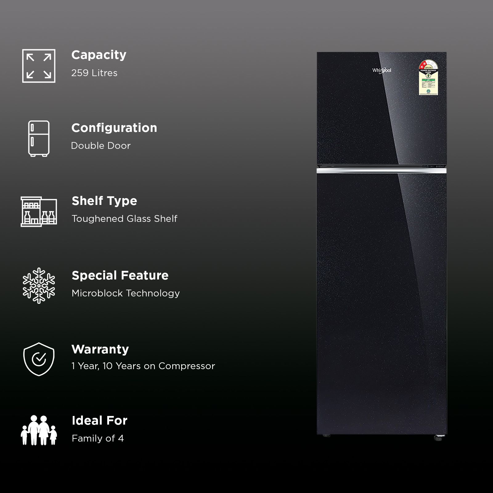 Whirpool Intellifresh 259 Litres 2 Star Frost Free Double Door Refrigerator with Microblock Technology (22384, Black) (2026 Model)_2
